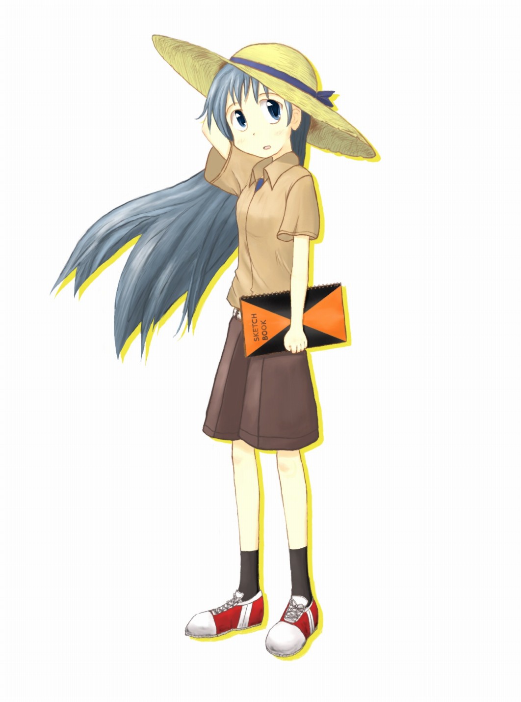 kajiwara sora, sketchbook full colors, highres, 00s, 1girl, blue eyes, blue hair, female focus, hat, matching hair/eyes, shoes, shorts, sketchbook, sneakers, solo
