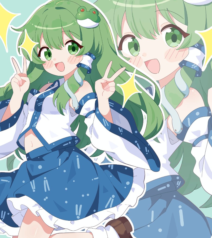 masakamea, kochiya sanae, touhou, commentary, symbol-only commentary, 1girl, :d, bare shoulders, blue skirt, blush stickers, brown shoes, collared shirt, cowboy shot, detached sleeves, double v, frilled skirt, frills, frog hair ornament, green background, green eyes, green hair, hair ornament, hands up, long hair, long sleeves, looking at viewer, navel, open mouth, outline, shirt, shoes, skirt, sleeveless, sleeveless shirt, smile, snake hair ornament, socks, solo, sparkle, v, white outline, white shirt, white sleeves, white socks, wide sleeves, zoom layer