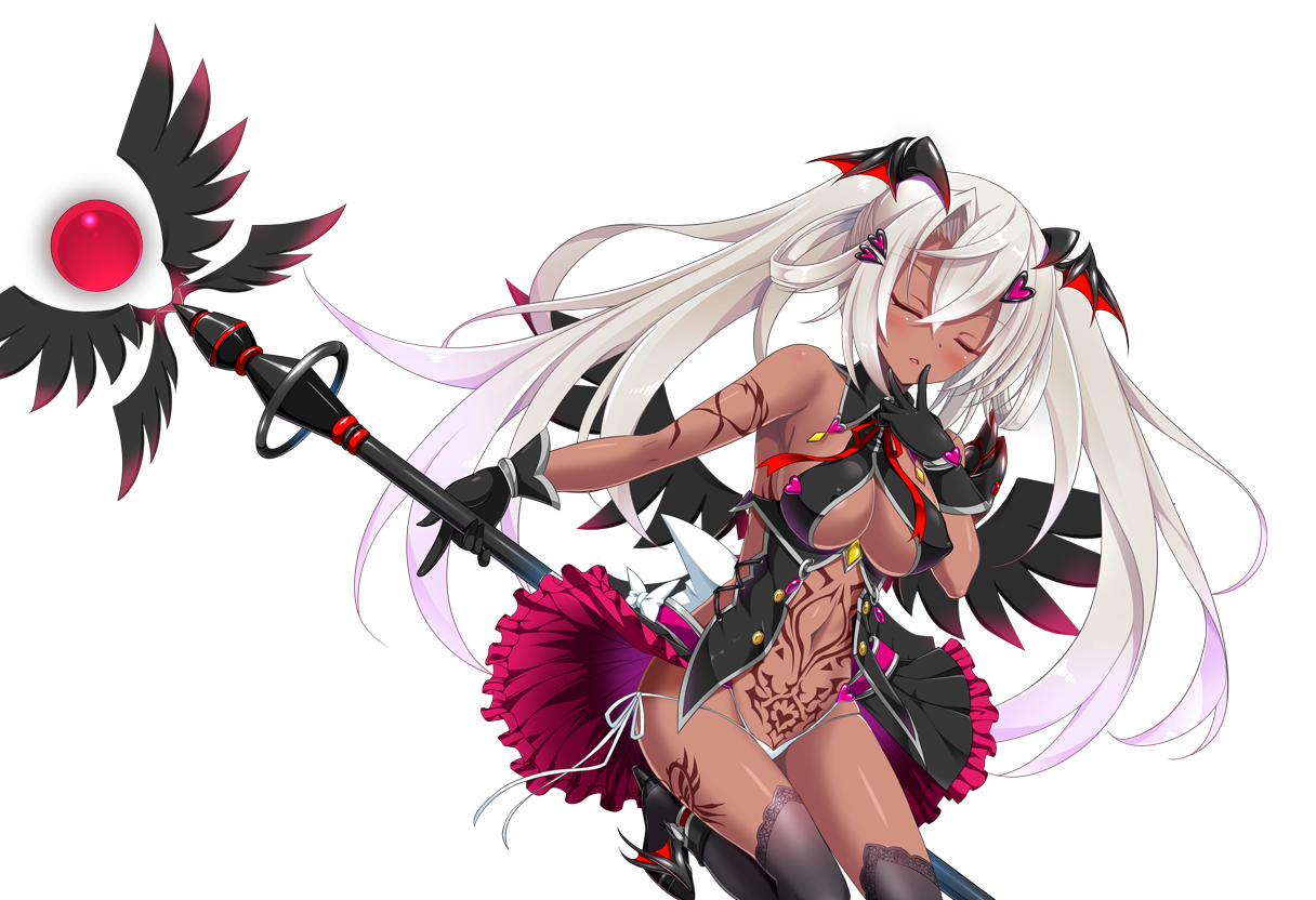 chikubi (artist), kusarou, mahou shoujo inori, game cg, large variant set, non-web source, official art, variant set, 1girl, black dress, black gloves, black thighhighs, black wings, breasts, cleavage, closed eyes, corruption, dark-skinned female, dark persona, dark skin, demon girl, dress, finger to mouth, gloves, hair ornament, head wings, holding, holding staff, large breasts, long hair, magical girl, mamiya seira, navel, panties, pubic tattoo, side-tie panties, solo, staff, stomach tattoo, tattoo, thighhighs, transparent background, twintails, underwear, very long hair, wand, white hair, white panties, wings