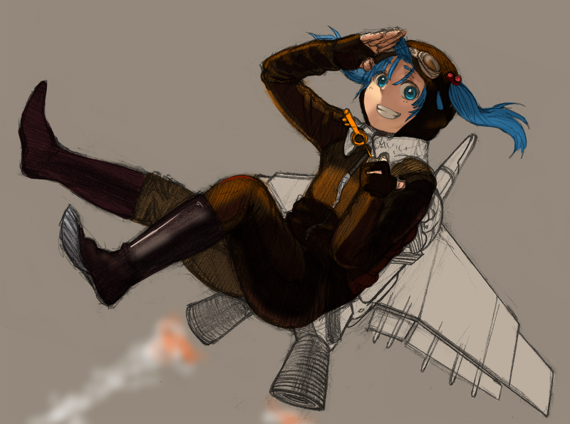 kirusu, kawashiro nitori, touhou, bad id, bad pixiv id, 1girl, blue eyes, blue hair, female focus, fingerless gloves, full body, gloves, hair bobbles, hair ornament, jetpack, key, matching hair/eyes, solo, twintails