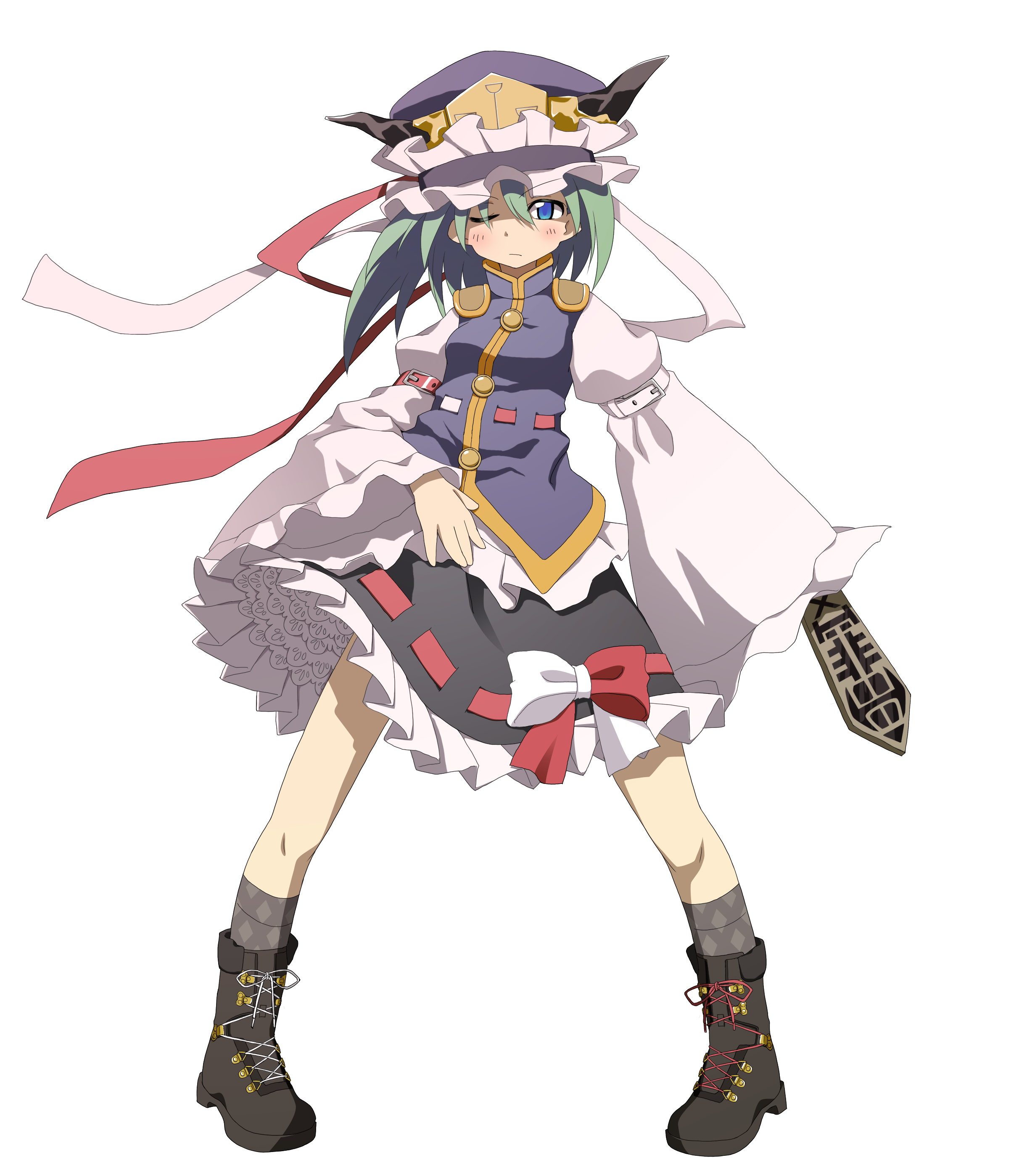 ahiruaoba, tanaka ahiru, shiki eiki, touhou, absurdres, highres, 1girl, black boots, blue eyes, boots, female focus, full body, green hair, hat, rod of remorse, short hair, solo, transparent background