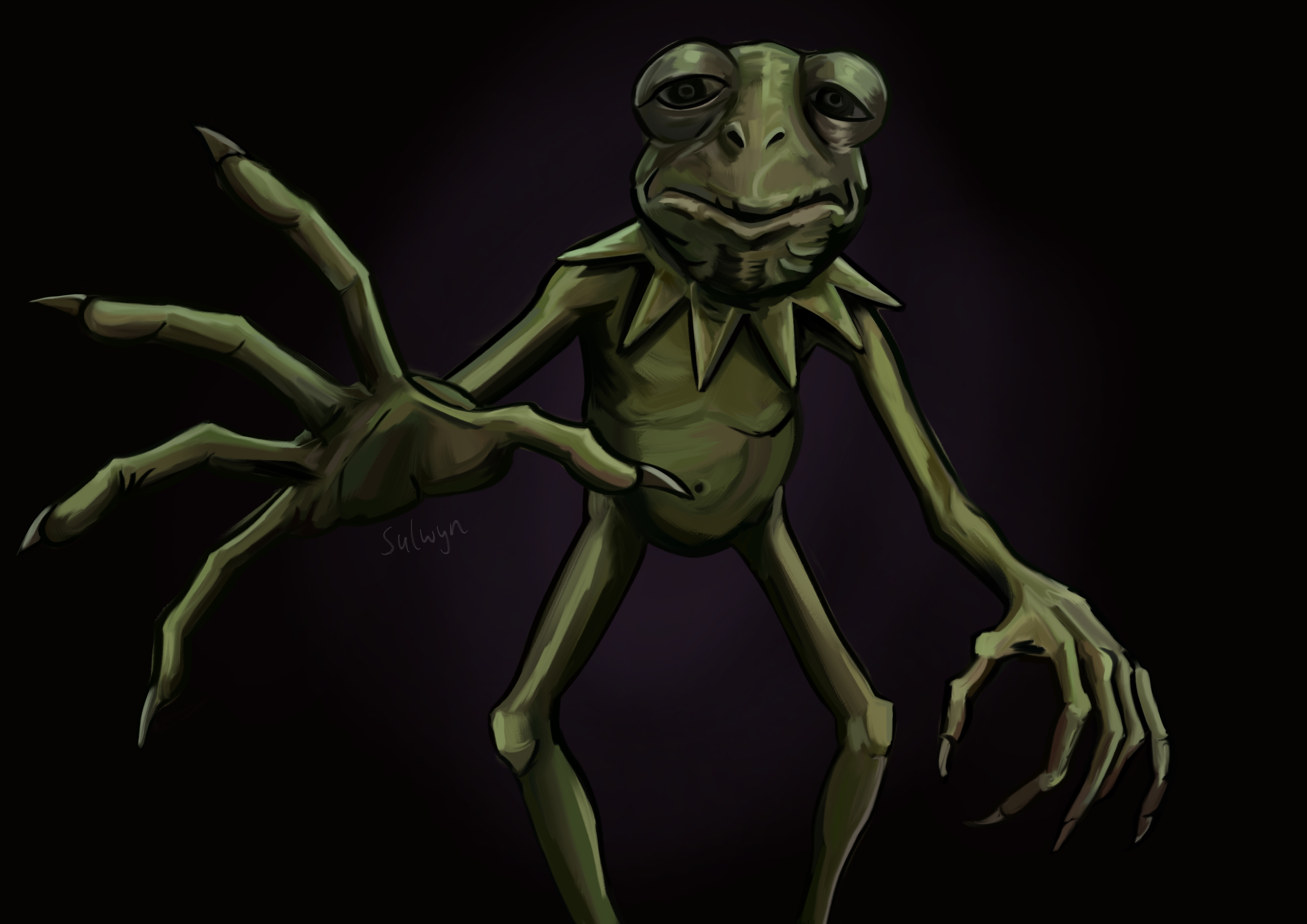 sulwyn vt, kermit the frog, vedal987, muppets, vedal ai, vrchat, absurdres, hashtag-only commentary, highres, 1boy, artist name, black background, closed mouth, feet out of frame, foreshortening, frog, frown, looking at viewer, male focus, reaching, reaching towards viewer, standing