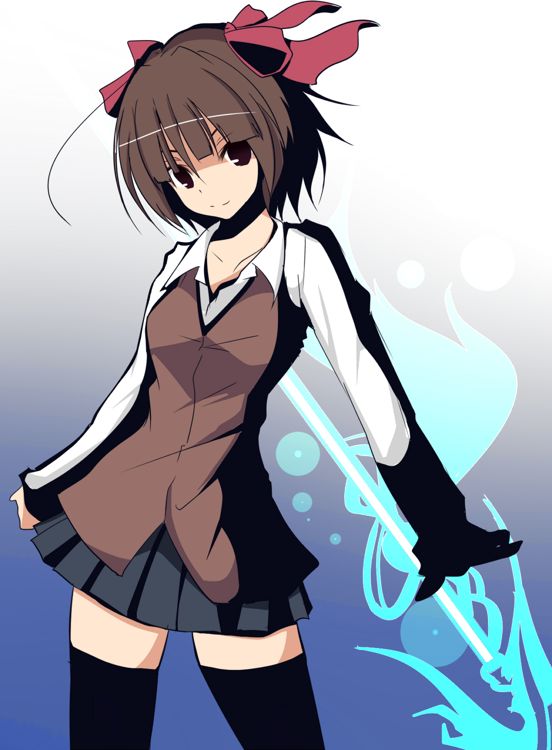 natsu (anta tte hitoha), amami haruka, idolmaster, idolmaster (classic), bad id, bad pixiv id, highres, black thighhighs, bow, brown eyes, brown hair, hair bow, pleated skirt, short hair, skirt, thighhighs, zettai ryouiki