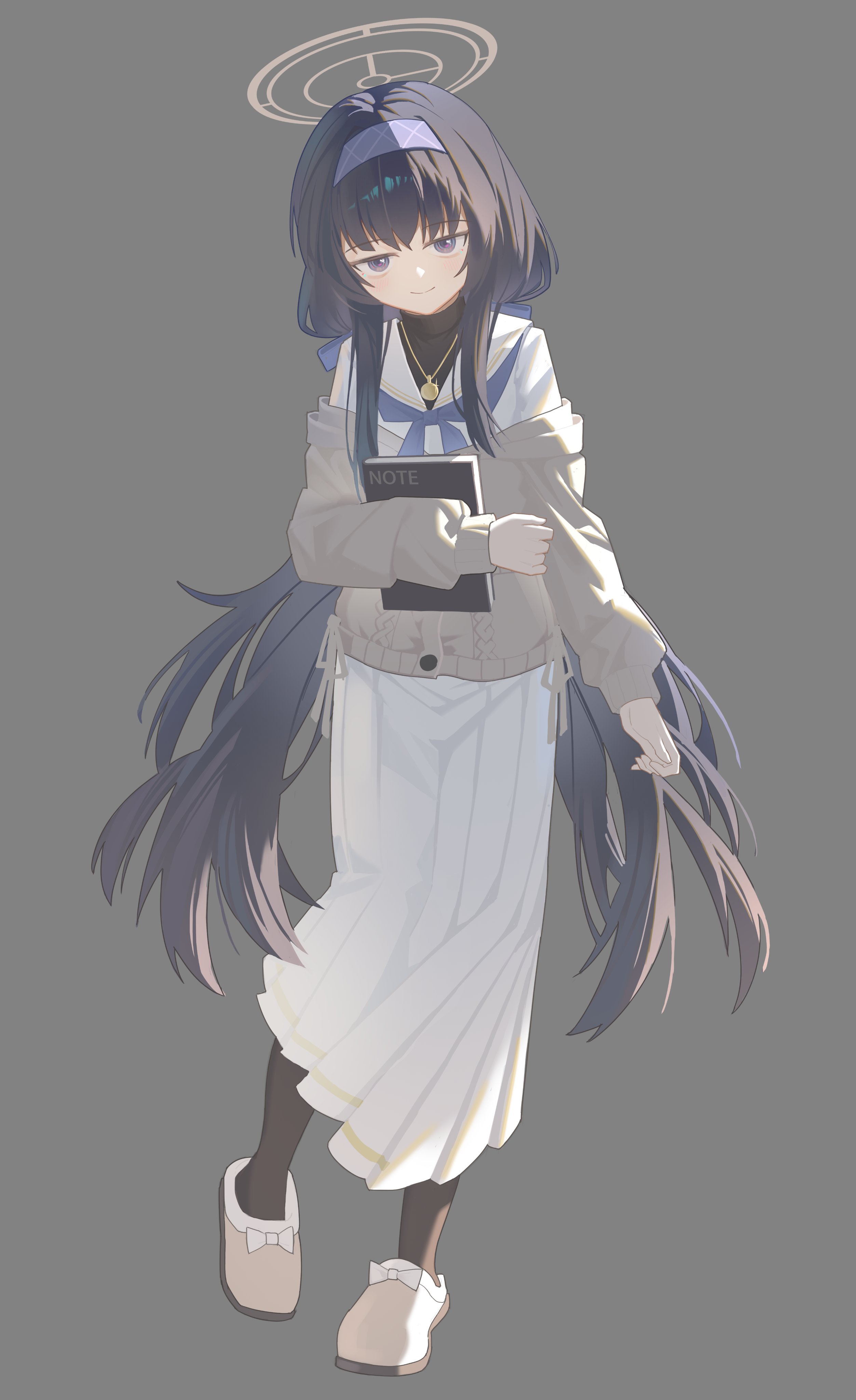 ui (blue archive), blue archive, absurdres, commentary request, highres, 1girl, black pantyhose, blue neckerchief, closed mouth, full body, grey background, hairband, halo, holding, holding notebook, jiyue (murasame524), long hair, long skirt, long sleeves, looking at viewer, neckerchief, notebook, pantyhose, purple hairband, simple background, skirt, slippers, solo, very long hair, white skirt