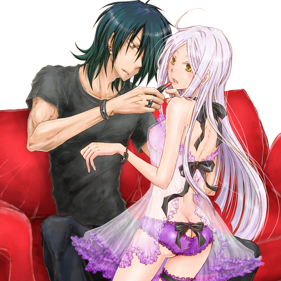 hashiba yachi, hallelujah haptism, soma peries, gundam, gundam 00, light purple hair, silver hair, 00s, 1boy, 1girl, ahoge, applying lipstick, applying makeup, ass, ass cutout, babydoll, back, black hair, bow, bracelet, breasts, butt crack, clothing cutout, cosmetics, couch, couple, covered erect nipples, frilled panties, frilled thigh strap, frills, hair over one eye, halterneck, hetero, jewelry, lingerie, lipstick, lipstick tube, long hair, makeup, nightgown, nipples, panties, purple panties, ribbon, ring, see-through clothes, shirt, short hair, sideboob, sitting, t-shirt, thigh strap, underwear, yellow eyes