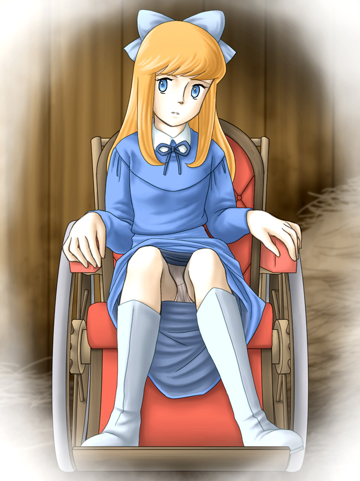 zummy, klara sesemann, alps no shoujo heidi, nippon animation, world masterpiece theater, bad id, bad pixiv id, 1970s (style), 1girl, blonde hair, blue eyes, boots, bow, dress, female focus, hair bow, knee boots, long hair, oldschool, panties, pantyshot, retro artstyle, sitting, solo, underwear, wheelchair