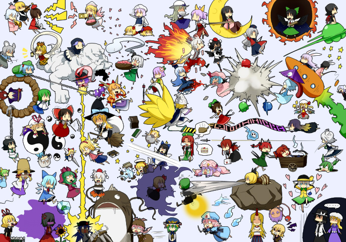 pageratta, aki minoriko, aki shizuha, alice margatroid, chen, cirno, daiyousei, flandre scarlet, fujiwara no mokou, hakurei reimu, hieda no akyuu, hijiri byakuren, hinanawi tenshi, hong meiling, hoshiguma yuugi, houjuu nue, houraisan kaguya, ibuki suika, inaba tewi, inubashiri momiji, izayoi sakuya, kaenbyou rin, kagiyama hina, kamishirasawa keine, kawashiro nitori, kazami yuuka, kirisame marisa, kisume, koakuma, kochiya sanae, komeiji koishi, komeiji satori, konpaku youmu, konpaku youmu (ghost), kumoi ichirin, kurodani yamame, letty whiterock, lily white, luna child, lunasa prismriver, lyrica prismriver, maribel hearn, medicine melancholy, merlin prismriver, mizuhashi parsee, morichika rinnosuke, moriya suwako, murasa minamitsu, mystia lorelei, nagae iku, namazu (touhou), nazrin, onozuka komachi, patchouli knowledge, reisen, reisen udongein inaba, reiuji utsuho, remilia scarlet, rumia, saigyouji yuyuko, shameimaru aya, shanghai doll, shiki eiki, star sapphire, sunny milk, tatara kogasa, toramaru shou, unzan, usami renko, watatsuki no toyohime, watatsuki no yorihime, wriggle nightbug, yagokoro eirin, yakumo ran, yakumo yukari, yasaka kanako, touhou, 6+girls, bishamonten's pagoda, blonde hair, book, broom, carrot, everyone, frog, hand fan, heart, holding, holding fan, holding instrument, holding violin, horns, instrument, knife, knifed, moon, multiple girls, red eyes, rock, single horn, sorcerer's sutra scroll, throwing knife, ufo, violin, weapon, wheelbarrow, yin yang