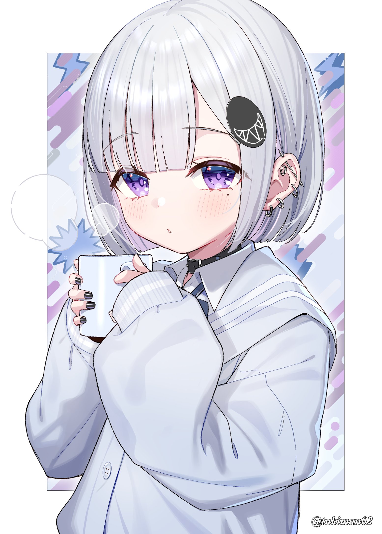 tsukiman, original, commentary request, highres, 1girl, artist name, black nails, closed mouth, collared shirt, cup, ear piercing, ena (tsukiman), grey hair, hair ornament, holding, holding cup, long sleeves, looking at viewer, mole, nail polish, piercing, puffy long sleeves, puffy sleeves, purple eyes, sailor collar, shirt, sleeves past wrists, solo, twitter username, upper body, white shirt
