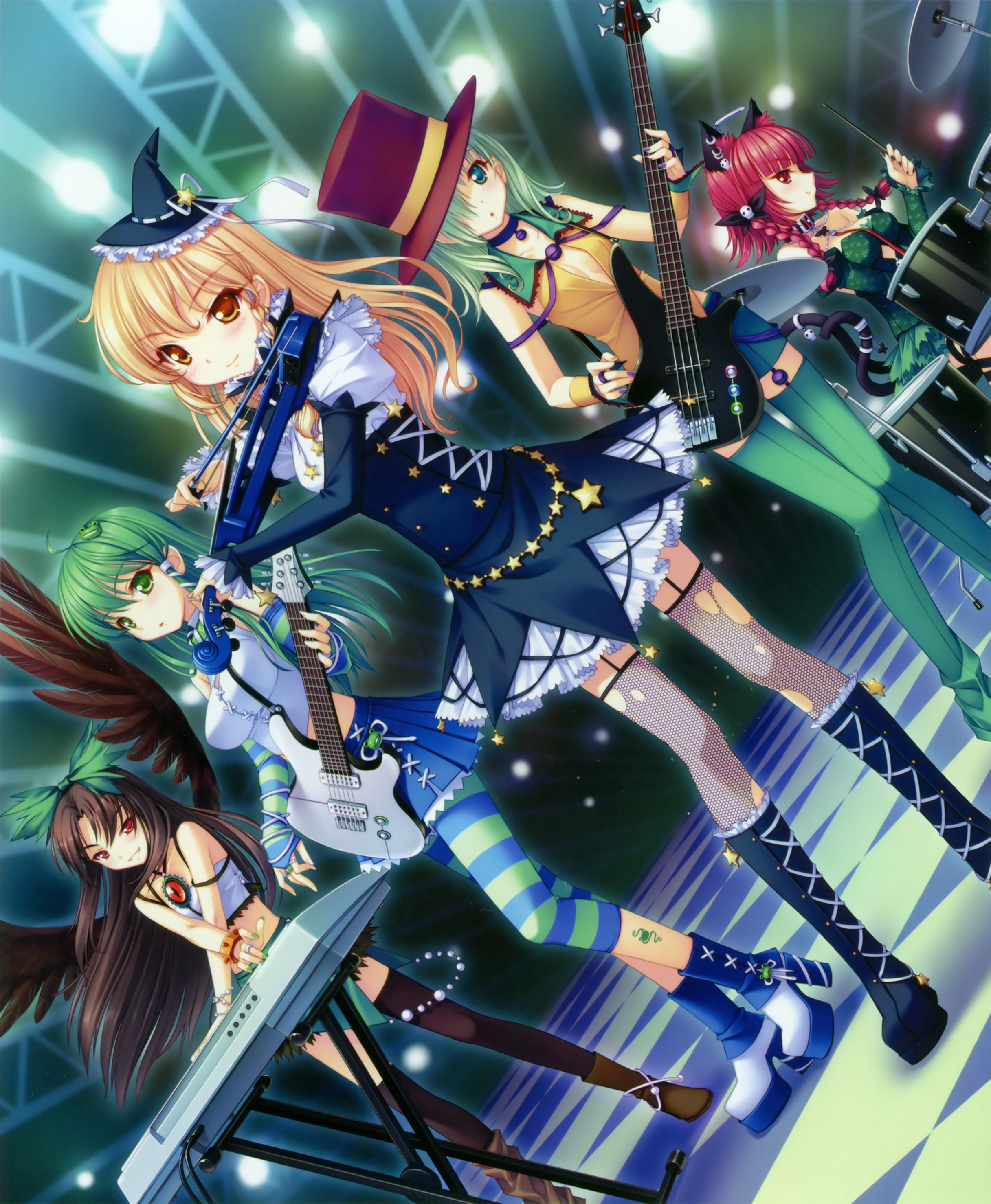 sayori (neko works), kaenbyou rin, kirisame marisa, kochiya sanae, komeiji koishi, reiuji utsuho, touhou, torn legwear, absurdres, highres, 5girls, alternate costume, animal ears, asymmetrical clothes, band (music), bass guitar, black nails, blonde hair, boots, braid, breasts, brown hair, cat ears, cat girl, cleavage, contemporary, crop top, dress, drum, drum set, dutch angle, earrings, electric guitar, electric violin, female focus, fingerless gloves, fishnets, gloves, green hair, green nails, guitar, hair over one eye, hat, high heels, instrument, jewelry, keyboard, keyboard (instrument), knee boots, medium breasts, midriff, miniskirt, multiple girls, nail polish, orange nails, petticoat, purple nails, red hair, shoes, short dress, skirt, star (symbol), striped clothes, striped gloves, thighhighs, top hat, torn clothes, violin, white nails, wings, zettai ryouiki