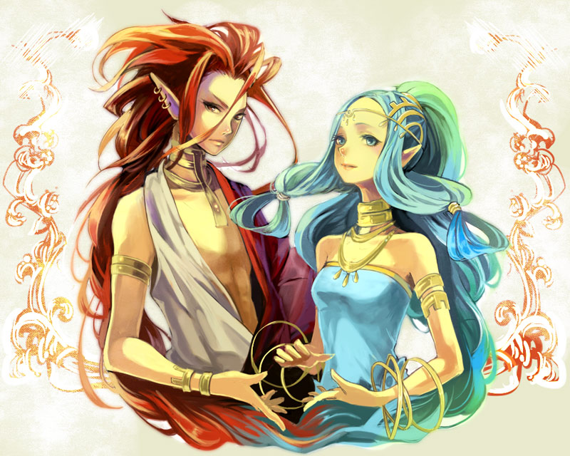 routemoc, harvest goddess, harvest king, ignis (harvest moon), sephia (harvest moon), harvest moon, harvest moon animal parade, harvest moon tree of tranquility, bad id, bad pixiv id, 1boy, 1girl, armlet, blue eyes, blue hair, bracelet, circlet, earrings, elf, gradient hair, green hair, jewelry, long hair, multicolored hair, neck ring, necklace, open clothes, open shirt, pointy ears, ponytail, red eyes, red hair, shirt, very long hair