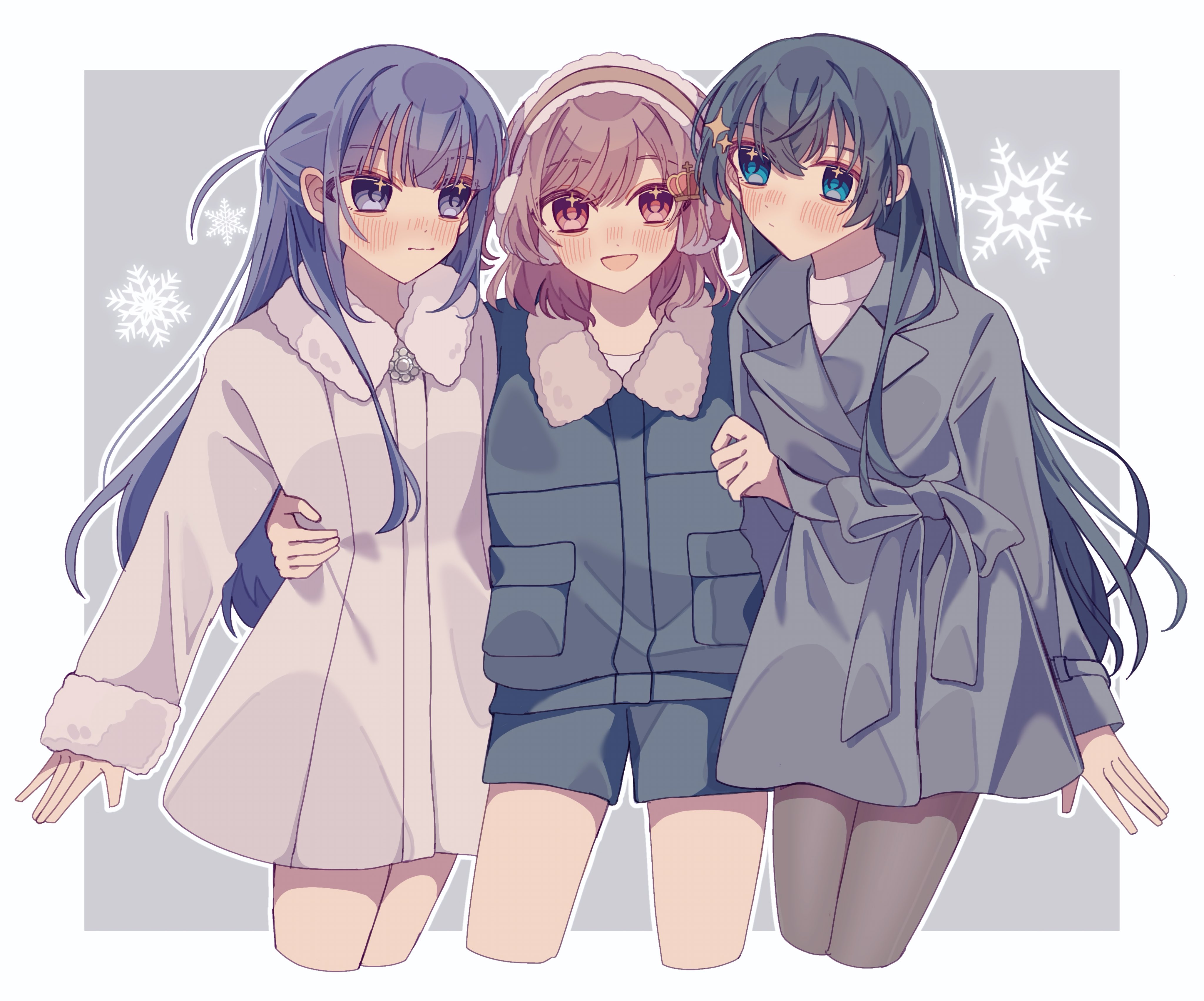kira star 99, aijou karen, kagura hikari, tsuyuzaki mahiru, shoujo kageki revue starlight, absurdres, commentary request, highres, 3girls, arm around waist, arm at side, arm hug, black hair, black jacket, black shorts, blue eyes, blush, border, brown eyes, brown hair, brown pantyhose, closed mouth, coat, cowboy shot, cropped legs, crown hair ornament, earmuffs, fur-trimmed coat, fur-trimmed jacket, fur-trimmed sleeves, fur trim, girl sandwich, grey background, grey coat, hair ornament, hairclip, hands up, jacket, long hair, long sleeves, looking at another, looking at viewer, looking to the side, multiple girls, nose blush, one side up, open mouth, outside border, pantyhose, pocket, purple hair, sandwiched, shirt, short hair, shorts, simple background, sleeves past wrists, smile, snowflake background, snowflakes, sparkle hair ornament, sparkling eyes, standing, very long hair, white border, white coat, white shirt