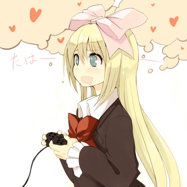 memesaso, shiina mafuyu, seitokai no ichizon, md5 mismatch, resized, 1girl, blonde hair, blush, drooling, female focus, green eyes, heart, long hair, playing games, ribbon, saliva, solo