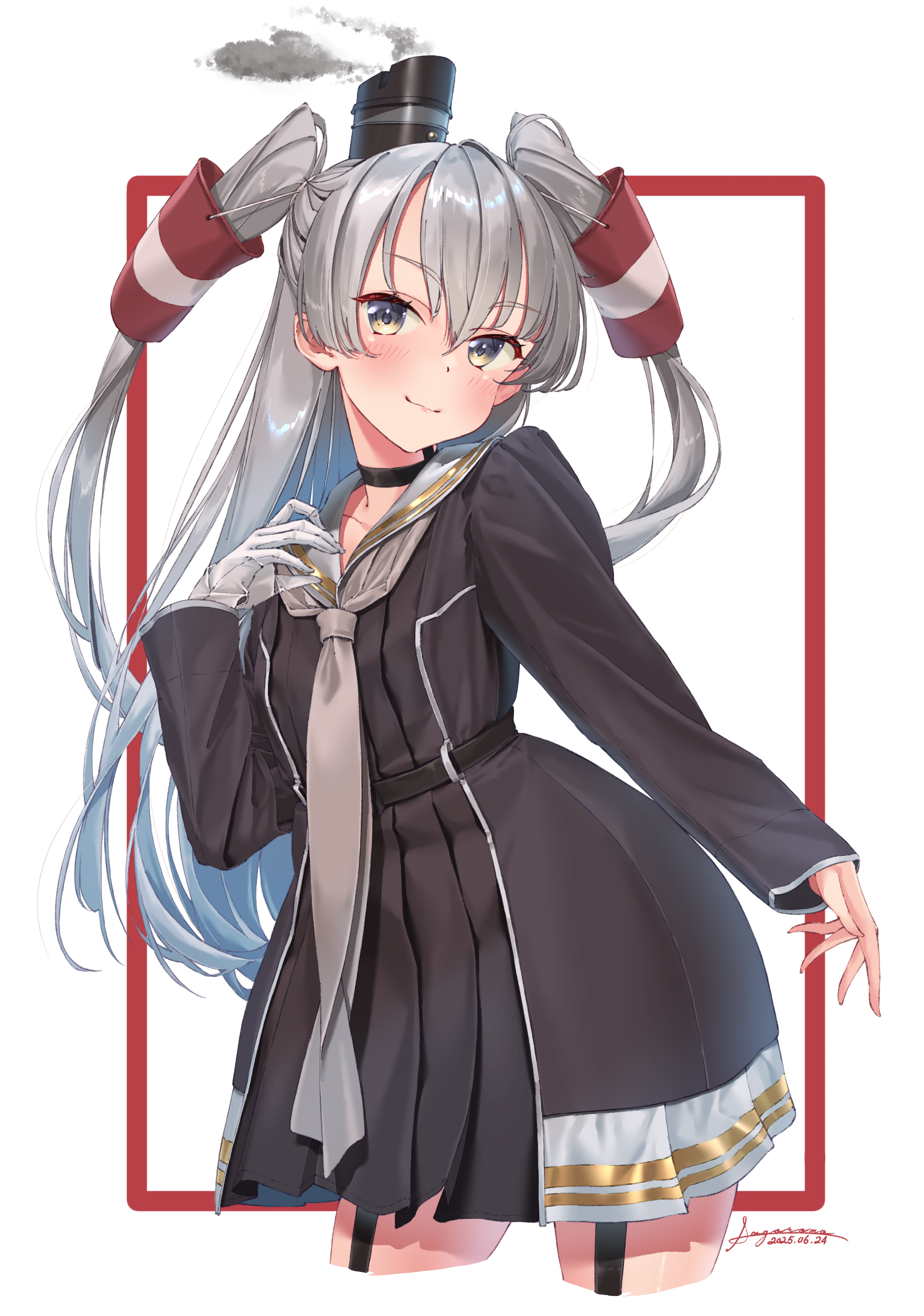 sagoromo 04, amatsukaze (kancolle), amatsukaze kai ni (kancolle), kantai collection, absurdres, commentary request, highres, 1girl, black dress, brown eyes, dress, garter straps, gloves, grey hair, grey neckerchief, hair tubes, hat, leaning forward, long hair, long sleeves, looking at viewer, mini hat, neckerchief, sailor collar, sailor dress, short dress, single glove, smile, smoke heart, smokestack hair ornament, solo, two side up, white background, white gloves, white sailor collar