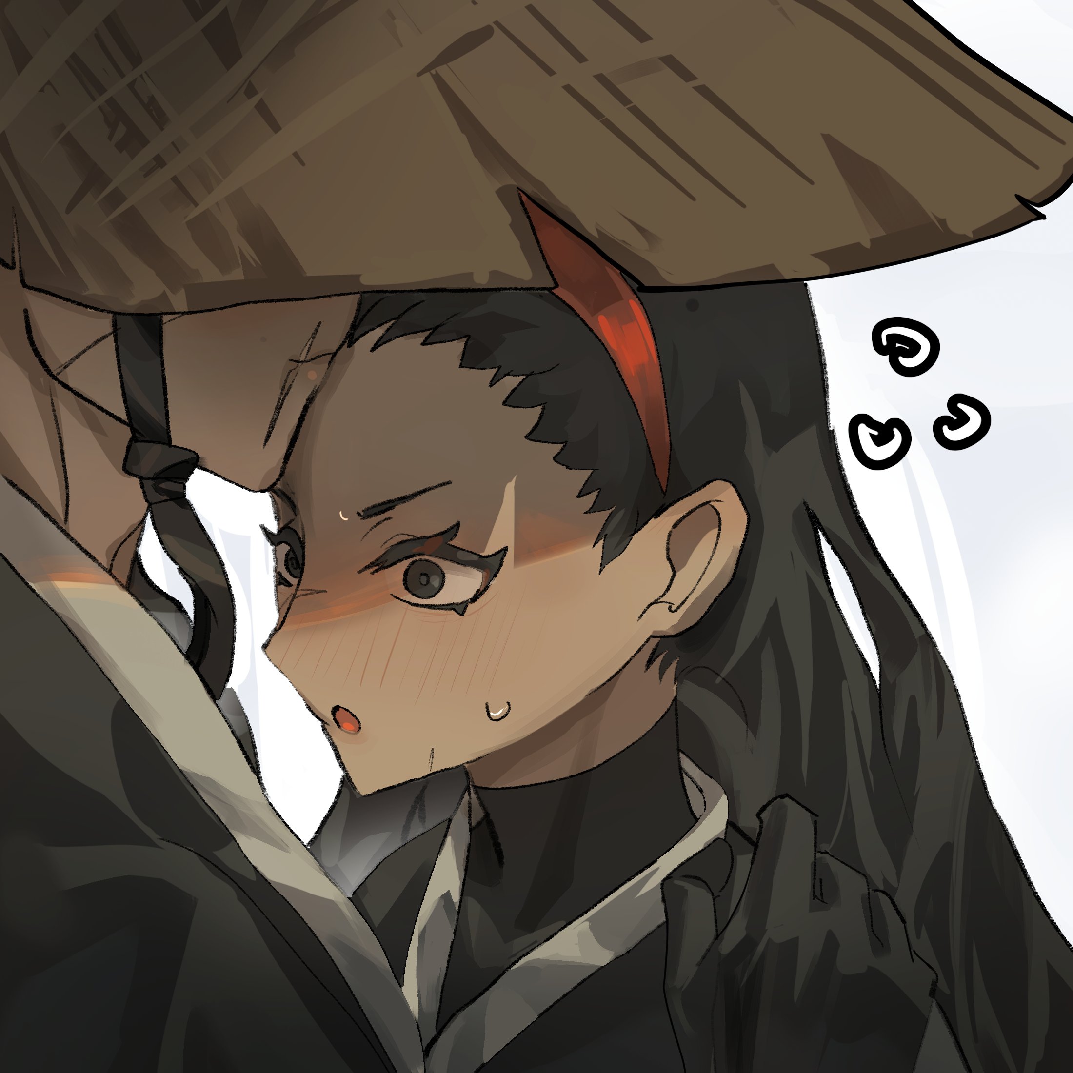 shoggoth (sirens20211), aeng-du (project moon), bamboo-hatted kim, limbus company, project moon, commentary, highres, 1boy, 1girl, :o, black coat, black eyes, black hair, black shirt, blush, coat, covered eyes, hairband, hat, hetero, jingasa, kiss, kissing forehead, long hair, shirt, sweatdrop, torn clothes, torn hat, turtleneck, turtleneck shirt, upper body, white background, white trim