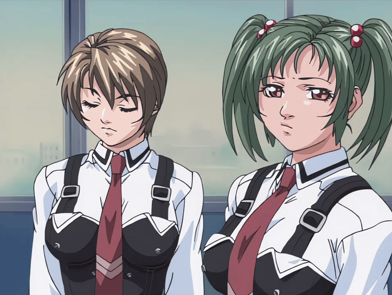 morita rie, shido saki, bible black, bible black gaiden, animated, animated gif, tagme, 00s, 2002, 2girls, breasts, brown hair, classroom, green eyes, green hair, large breasts, multiple girls, necktie, school, school uniform, shirt, shirts, short hair, twintails, white shirt, window