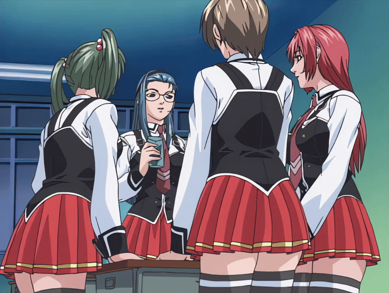 mochida junko, morita rie, shido saki, takashiro hiroko, bible black, bible black gaiden, animated, animated gif, tagme, 00s, 2002, 4girls, ass, black thighhighs, blue hair, bow, bowtie, breasts, brown hair, classroom, desk, glasses, green hair, hairband, long hair, miniskirt, multiple girls, necktie, purple eyes, red hair, red skirt, school, school uniform, shirt, shirts, short hair, skirt, thighhighs, tongue, tongue out, twintails, white shirt