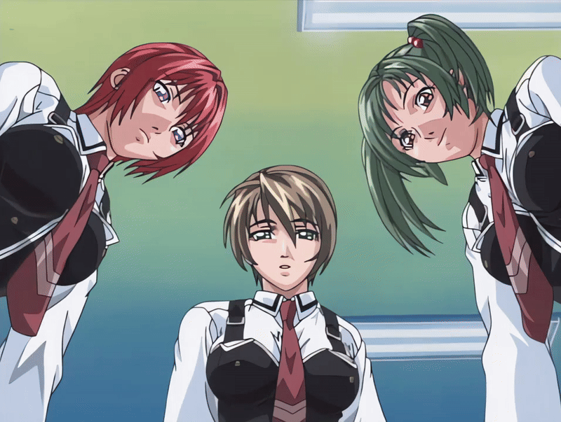 morita rie, shido saki, takashiro hiroko, bible black, bible black gaiden, animated, animated gif, tagme, 00s, 2002, 3girls, bow, bowtie, breasts, brown hair, classroom, green eyes, green hair, multiple girls, necktie, purple eyes, red hair, school, school uniform, shirt, shirts, short hair, smile, twintails, white shirt