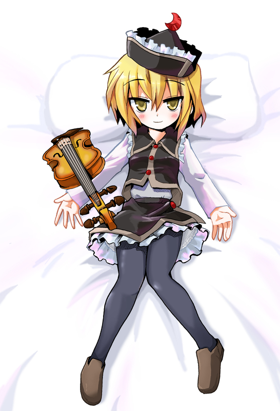 kotojima motoki, kotoshima, lunasa prismriver, touhou, bad id, bad pixiv id, 1girl, blonde hair, blush, brown eyes, female focus, full body, hat, instrument, lying, on back, pantyhose, pillow, shoes, short hair, skirt, smile, solo, violin