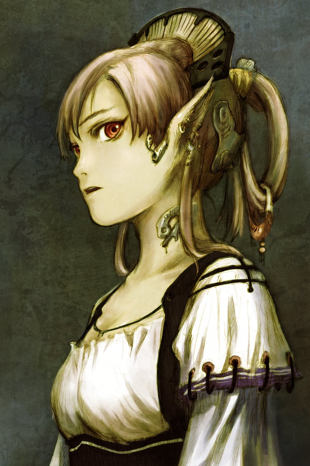 abe yoshitoshi, original, highres, 1girl, blonde hair, earrings, elf, female focus, from side, hair ornament, hair rings, jewelry, open mouth, parted bangs, pointy ears, ponytail, profile, red eyes, simple background, solo