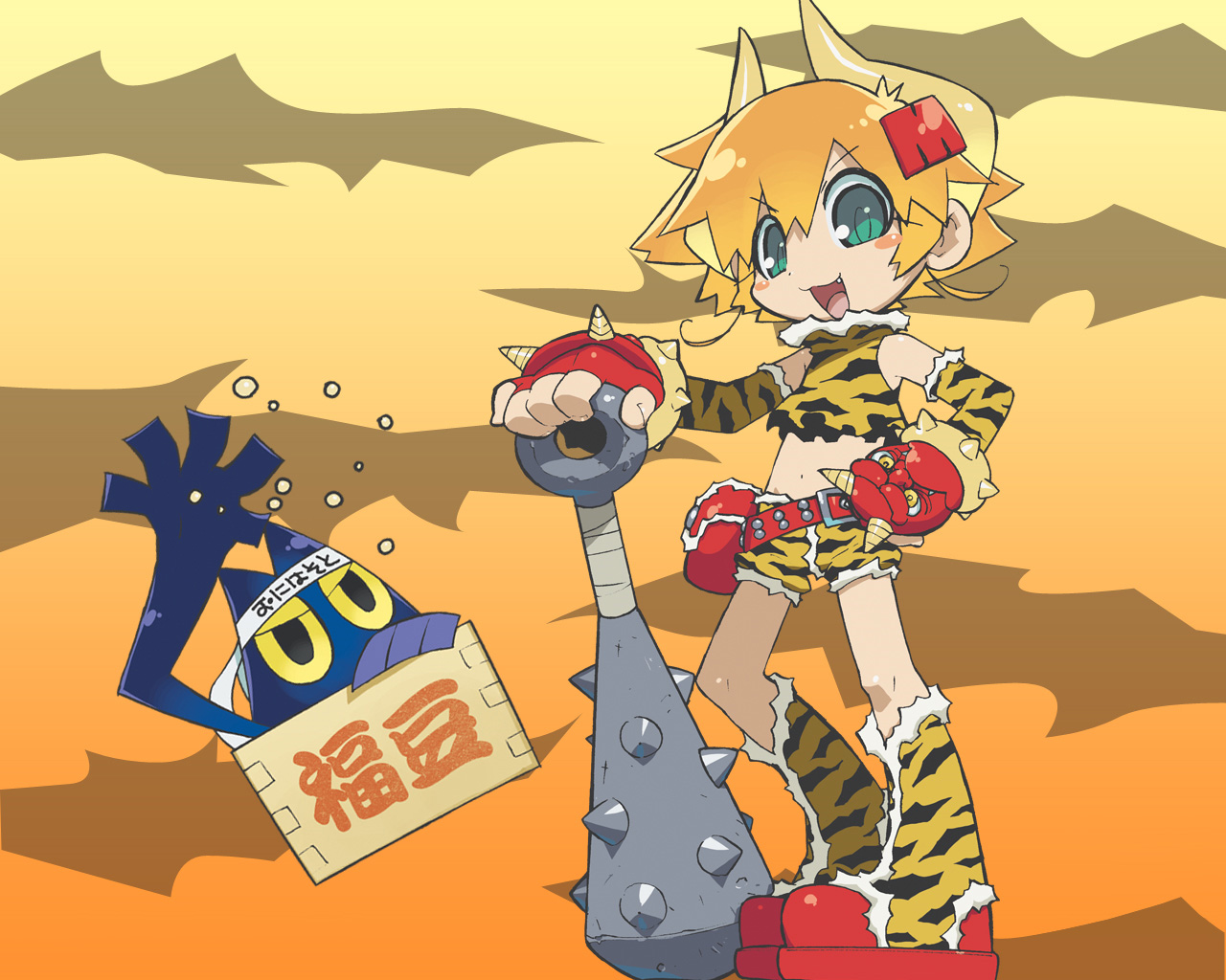 akatsuki gomoku, megatrea shop, original, official art, 1girl, animal print, belt, blonde hair, club, club (weapon), female focus, fingerless gloves, gloves, green eyes, horns, kanabou, midriff, oni, short hair, solo, tiger print, weapon