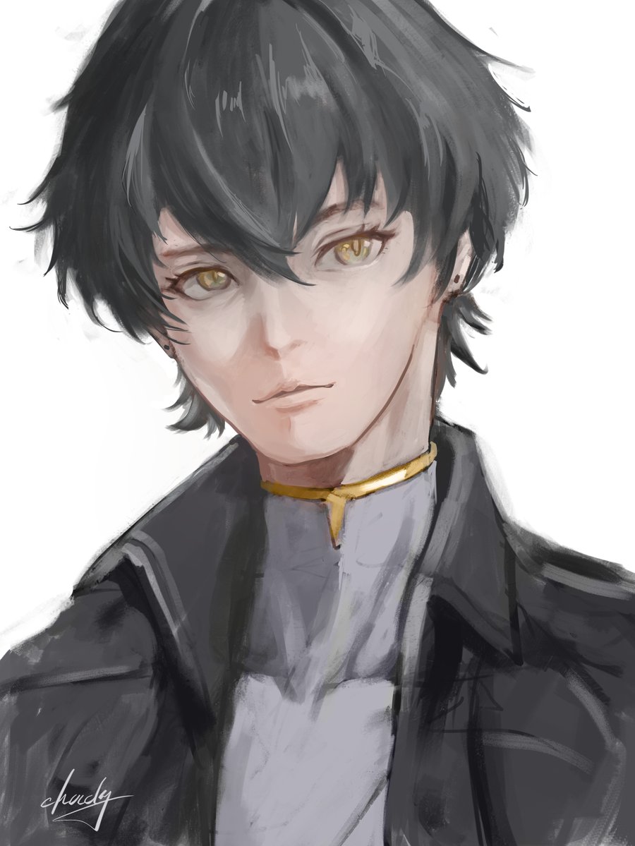 chucky (chucky1000sun), male rover (wuthering waves), rover (wuthering waves), wuthering waves, commentary request, 1boy, black hair, black jacket, closed mouth, grey shirt, hair between eyes, jacket, looking at viewer, male focus, portrait, shirt, short hair, signature, simple background, solo, white background, yellow eyes