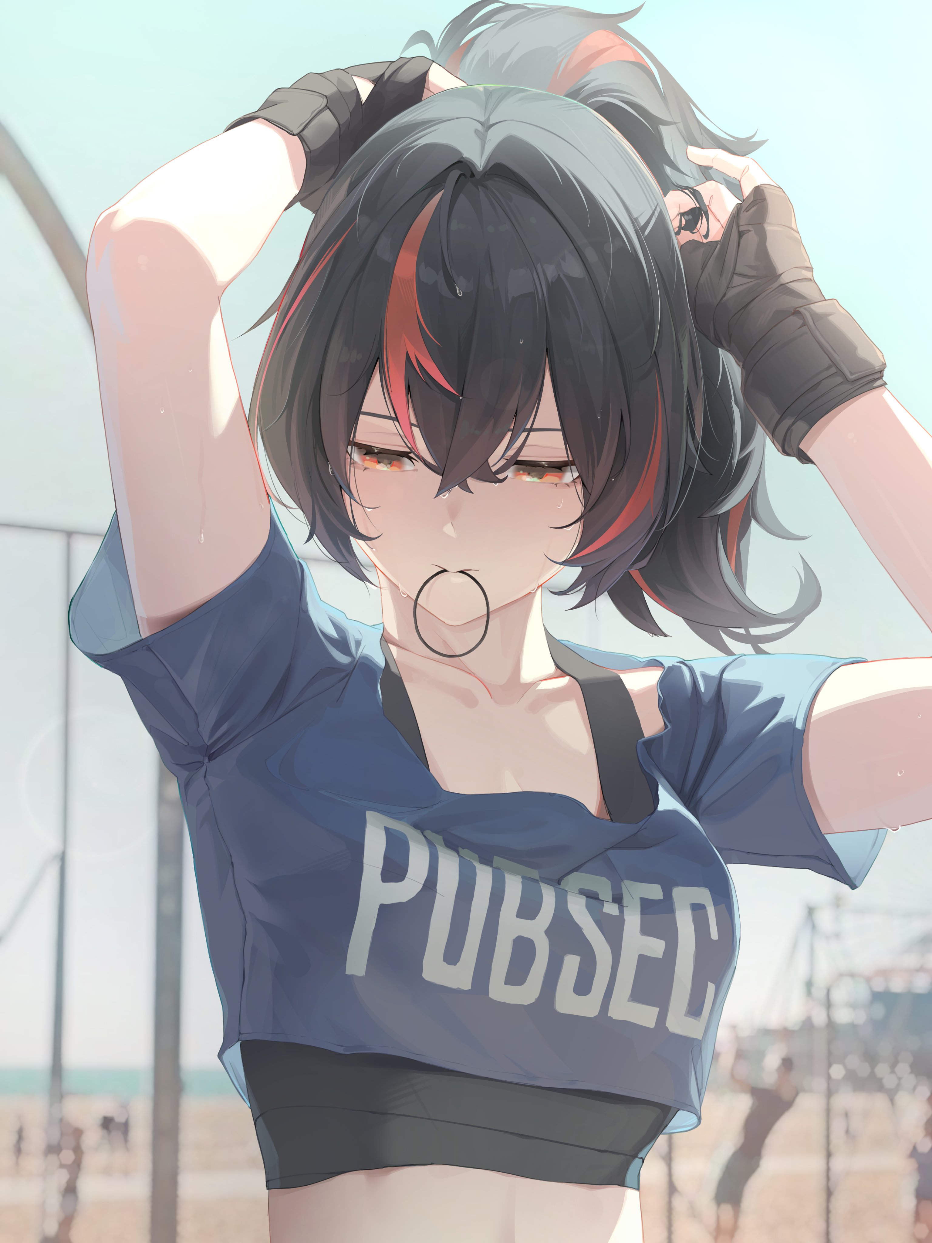 joykoygo, zhu yuan, zenless zone zero, absurdres, commentary, english commentary, highres, 1girl, alternate costume, arms up, beach, black gloves, black hair, black tank top, blue shirt, breasts, cropped shirt, day, fingerless gloves, gloves, hair tie in mouth, mouth hold, multicolored hair, outdoors, red eyes, red hair, shirt, solo, streaked hair, tank top, tying hair