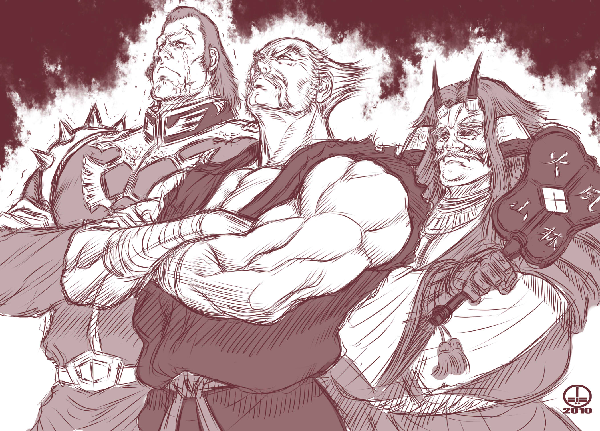 dairoku tenma, dozle zabi, gouri daisuke, mishima heihachi, takeda shingen (sengoku musou), gundam, mobile suit gundam, sengoku musou, tekken, highres, 3boys, crossed arms, crossover, facial hair, gunbai, hand fan, japanese clothes, male focus, manly, military, multiple boys, muscular, mustache, scar, spikes, tears, voice actor connection, war fan