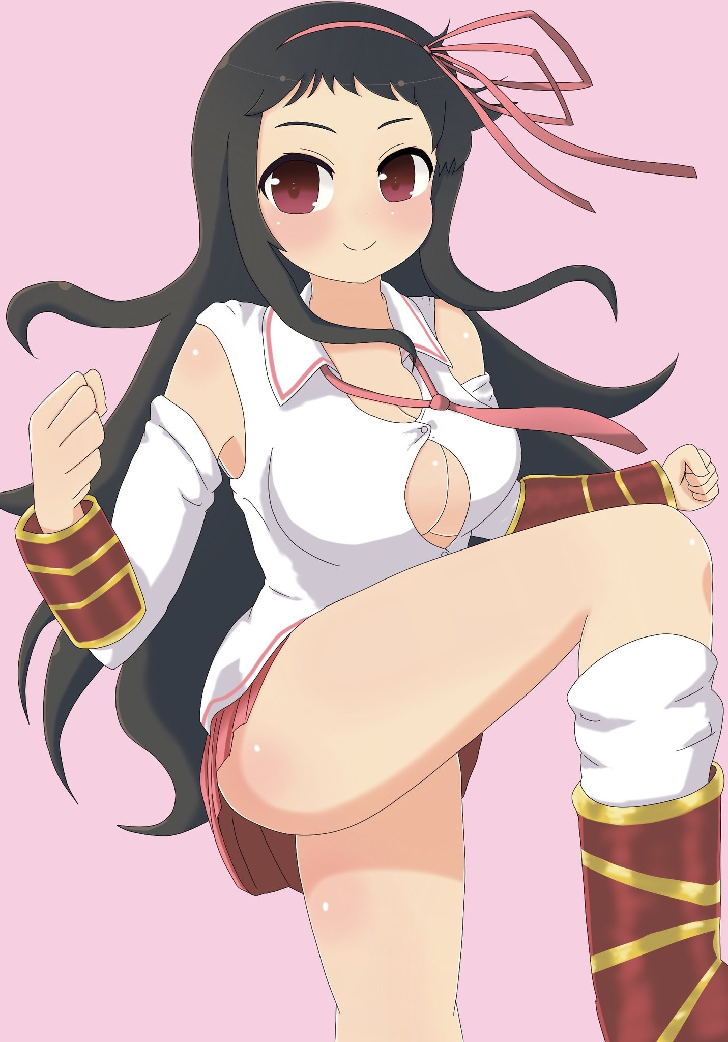 ayame (senran kagura), senran kagura, senran kagura new wave, commentary request, highres, ass, black hair, blush, body blush, boots, breasts, button gap, cleavage, detached sleeves, gauntlets, hair ribbon, kut9311, large breasts, long hair, necktie, pink background, pink necktie, pink ribbon, pink skirt, red eyes, ribbon, shirt, sidelocks, skirt, smile, thighs, white shirt
