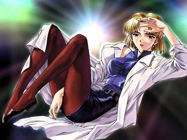 utatane hiroyuki, akagi ritsuko, gainax, neon genesis evangelion, game cg, jpeg artifacts, non-web source, 1girl, bare shoulders, belt, between thighs, blonde hair, breasts, brown pantyhose, coat, earrings, female focus, fingernails, glowing, hand on own head, high heels, jewelry, lab coat, large breasts, legs up, lipstick, long fingernails, looking at viewer, looking back, lying, makeup, miniskirt, mole, mole under eye, off shoulder, open clothes, open coat, pantyhose, parted bangs, parted lips, pencil skirt, profile, reclining, shirt, shoes, short hair, skirt, sleeveless, sleeveless shirt, solo, taut clothes, taut shirt, turtleneck, zipper