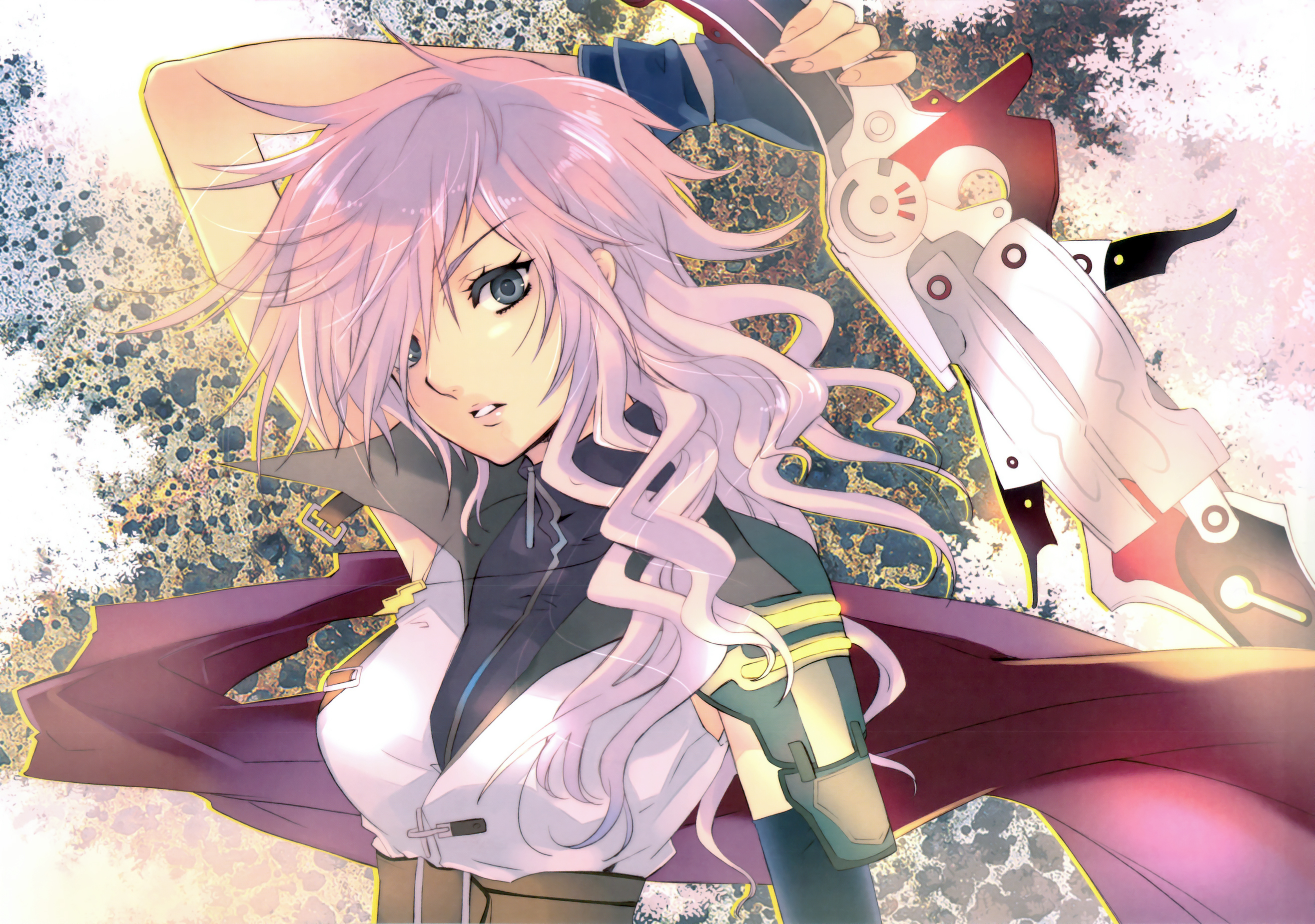ito noizi, lightning farron, final fantasy, final fantasy xiii, highres, 10s, 1girl, black eyes, buckle, female focus, fingerless gloves, gloves, hair over one eye, long hair, pink hair, solo, sword, weapon