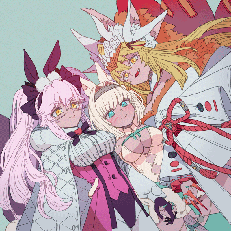 tnaym, dobrynya nikitich (fate), koyanskaya (assassin) (second ascension) (fate), koyanskaya (fate), koyanskaya (lostbelt beast:iv) (fate), fate/grand order, fate (series), commentary request, 3girls, animal ear fluff, black ribbon, blonde hair, blue background, blue eyes, breasts, cleavage, extra ears, eyelashes, fang, large breasts, long hair, multiple girls, rectangular eyewear, ribbon, simple background, slit pupils, twintails, yellow eyes