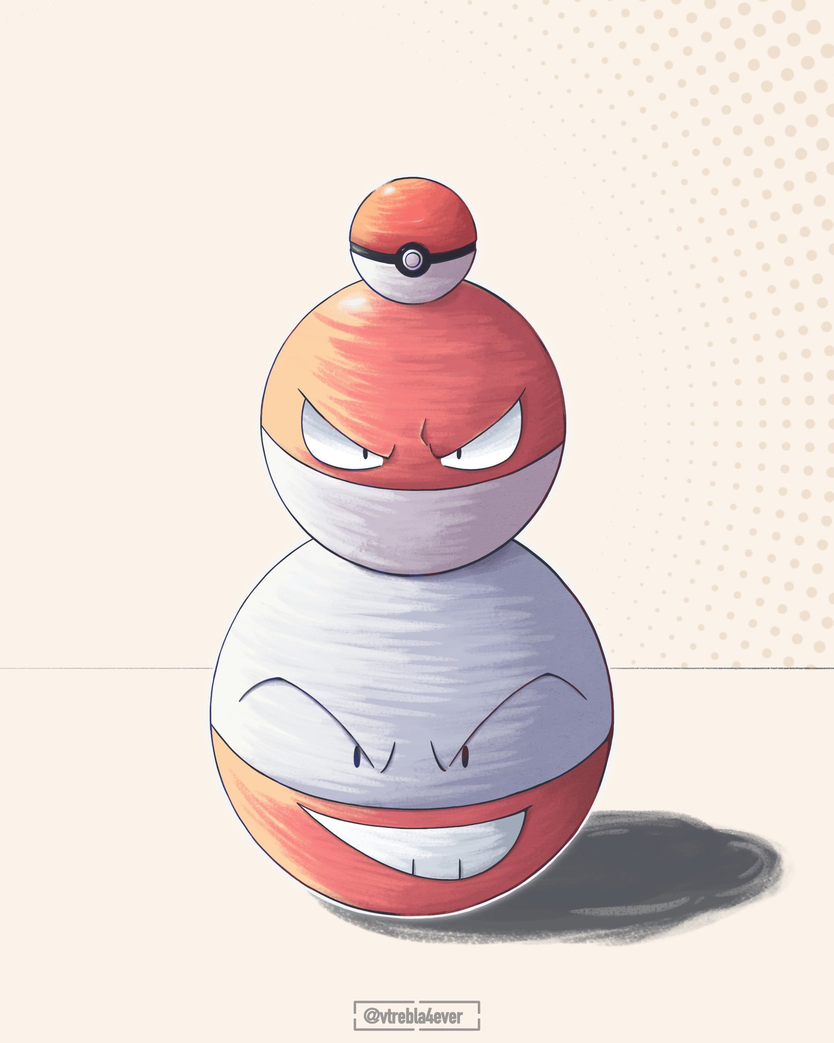 electrode (pokemon), voltorb, nintendo, pokemon, commentary, english commentary, highres, making-of available, evolutionary line, gen 1 pokemon, grin, no humans, poke ball, poke ball (basic), pokemon (creature), pokemon focus, shadow, smile, stack, teeth, twitter username, v-shaped eyebrows, vtrebla4ever, white background
