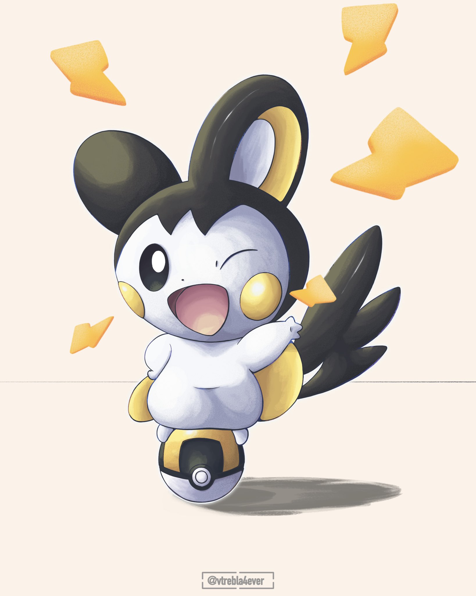 emolga, nintendo, pokemon, commentary, english commentary, highres, making-of available, ;d, dot nose, full body, gen 5 pokemon, lightning bolt symbol, no humans, one eye closed, open mouth, poke ball, pokemon (creature), pokemon focus, smile, solo, standing on object, twitter username, ultra ball, vtrebla4ever, white background