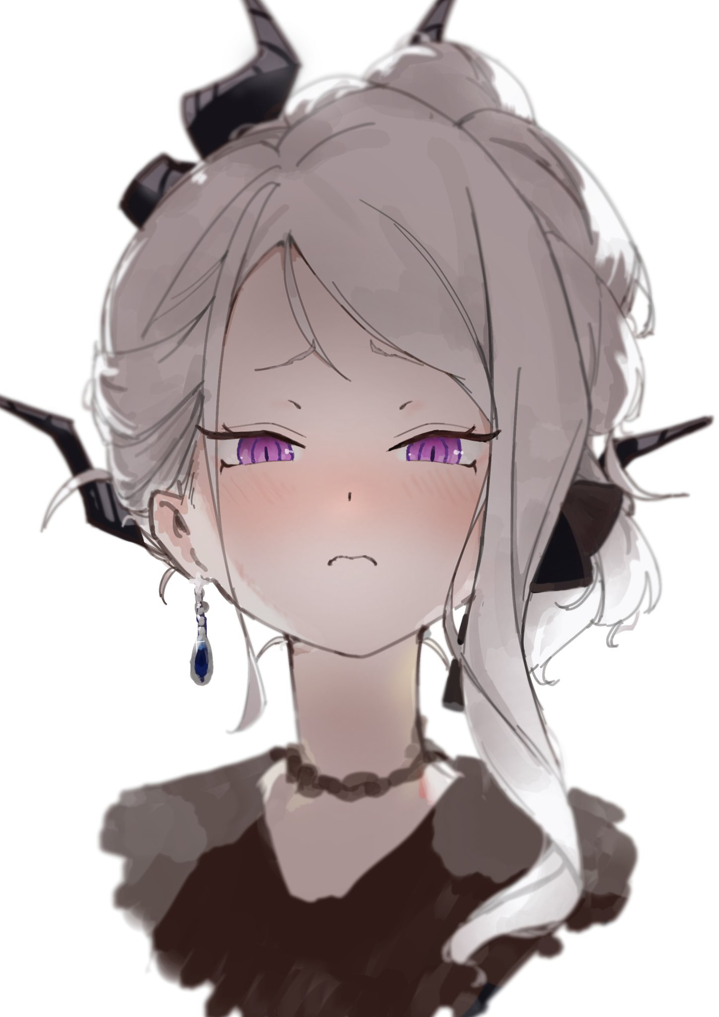 o (oooooo04291), hina (blue archive), hina (dress) (blue archive), blue archive, commentary request, highres, 1girl, blush, demon girl, demon horns, earrings, horns, jewelry, long hair, looking at viewer, pendant, purple eyes, simple background, solo, white background, white hair