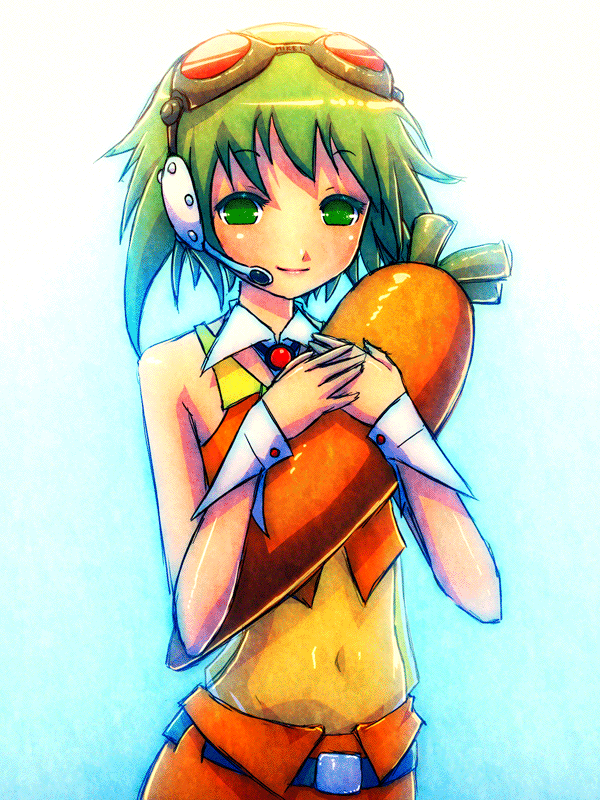 mike inel, gumi, vocaloid, animated, animated gif, blinking, blush, carrot, goggles, goggles on head, green hair, headphones, headset, navel, see-through clothes, skirt, smile, solo