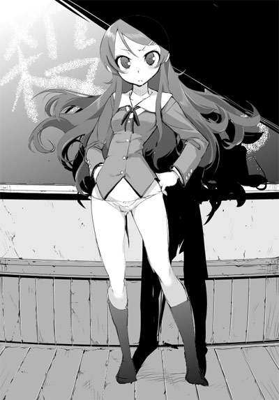 hyocorou, kousaka kirino, ore no imouto ga konna ni kawaii wake ga nai, 1girl, blazer, blush, buttons, chalkboard, embarrassed, female focus, flat chest, frown, greyscale, groin, hair ornament, hairclip, hands on own hips, indoors, jacket, kneehighs, long hair, looking at viewer, lowleg, lowleg panties, monochrome, necktie, no pants, panties, parted bangs, ribbon, school uniform, serafuku, shadow, socks, solo, standing, swept bangs, underwear, very long hair, wavy hair