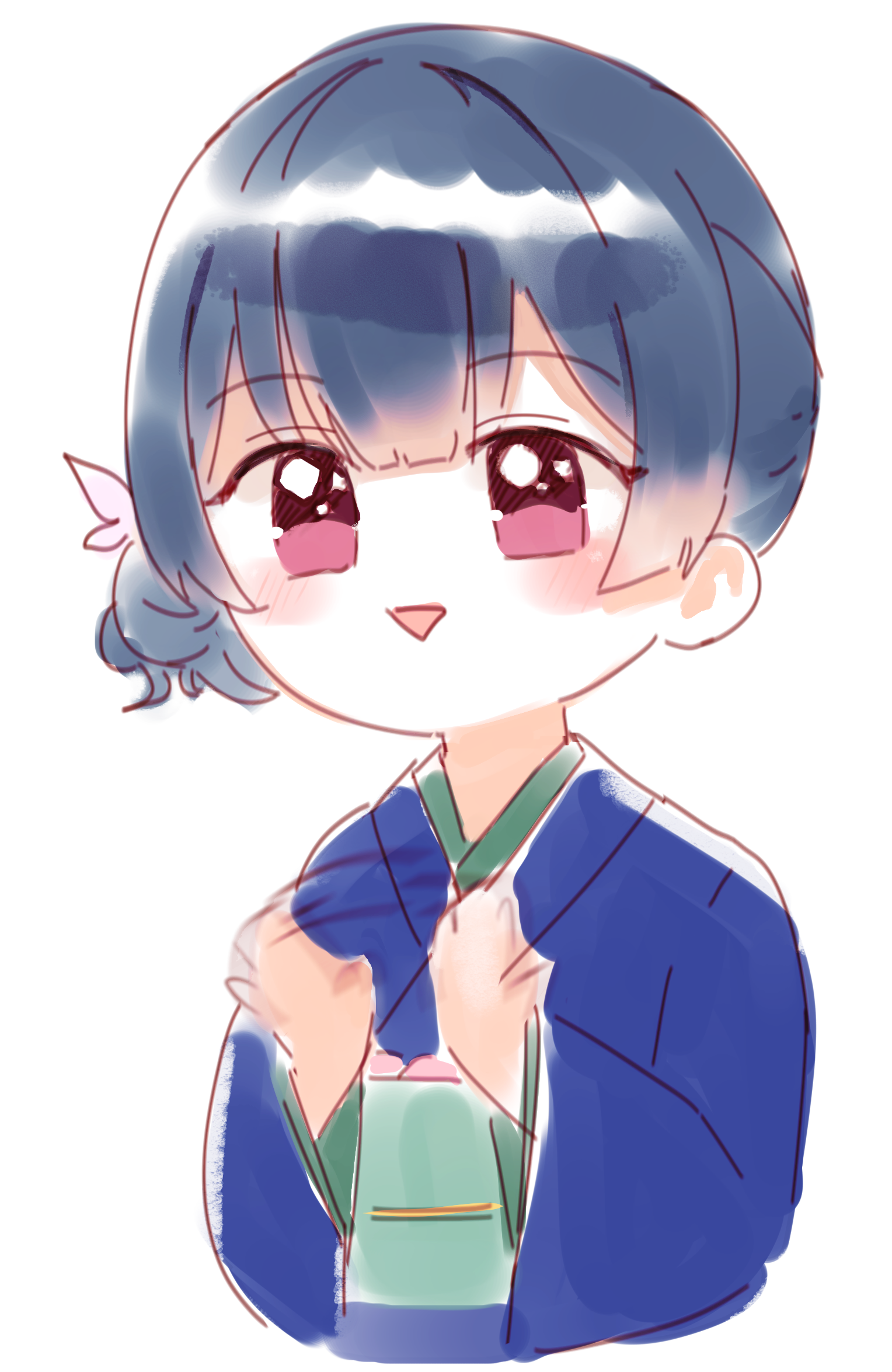 bosumonki, morino rinze, idolmaster, idolmaster shiny colors, commentary request, highres, korean commentary, partial commentary, 1girl, black hair, blue kimono, blunt bangs, blush, clapping, hair bun, japanese clothes, kimono, looking ahead, obi, sash, simple background, single side bun, smile, solo, transparent background, triangle mouth, upper body