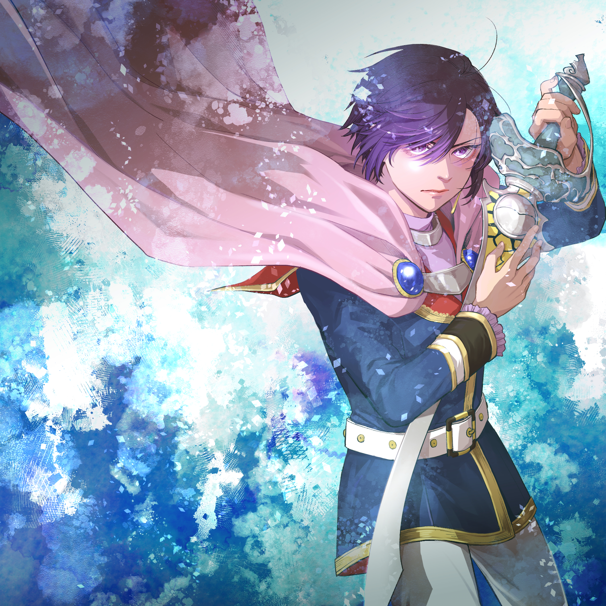 yuushi (10yusi01), leon magnus, tales of (series), tales of destiny, commentary request, highres, 1boy, blue background, blue tunic, cape, closed mouth, expressionless, holding, holding sword, holding weapon, long sleeves, male focus, pants, pink cape, purple eyes, purple hair, short hair, solo, sword, tunic, weapon, white pants