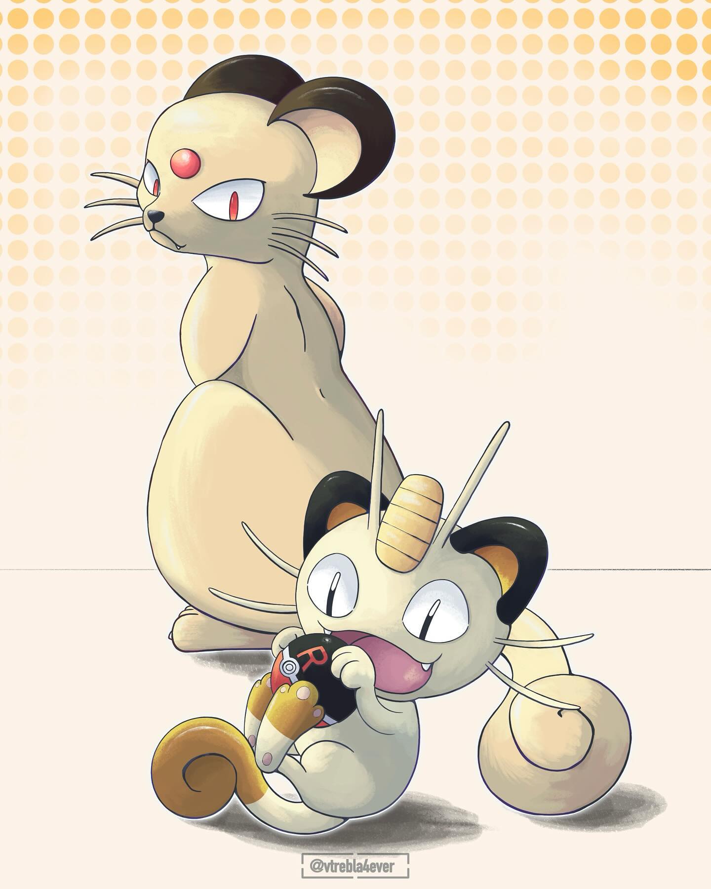 meowth, persian (pokemon), nintendo, pokemon, commentary, english commentary, highres, animal focus, closed mouth, coin, evolutionary line, fangs, gen 1 pokemon, gold, holding, holding poke ball, koban (gold), no humans, nontraditional poke ball, open mouth, poke ball, pokemon (creature), pokemon focus, red eyes, smile, team rocket, twitter username, vtrebla4ever, whiskers