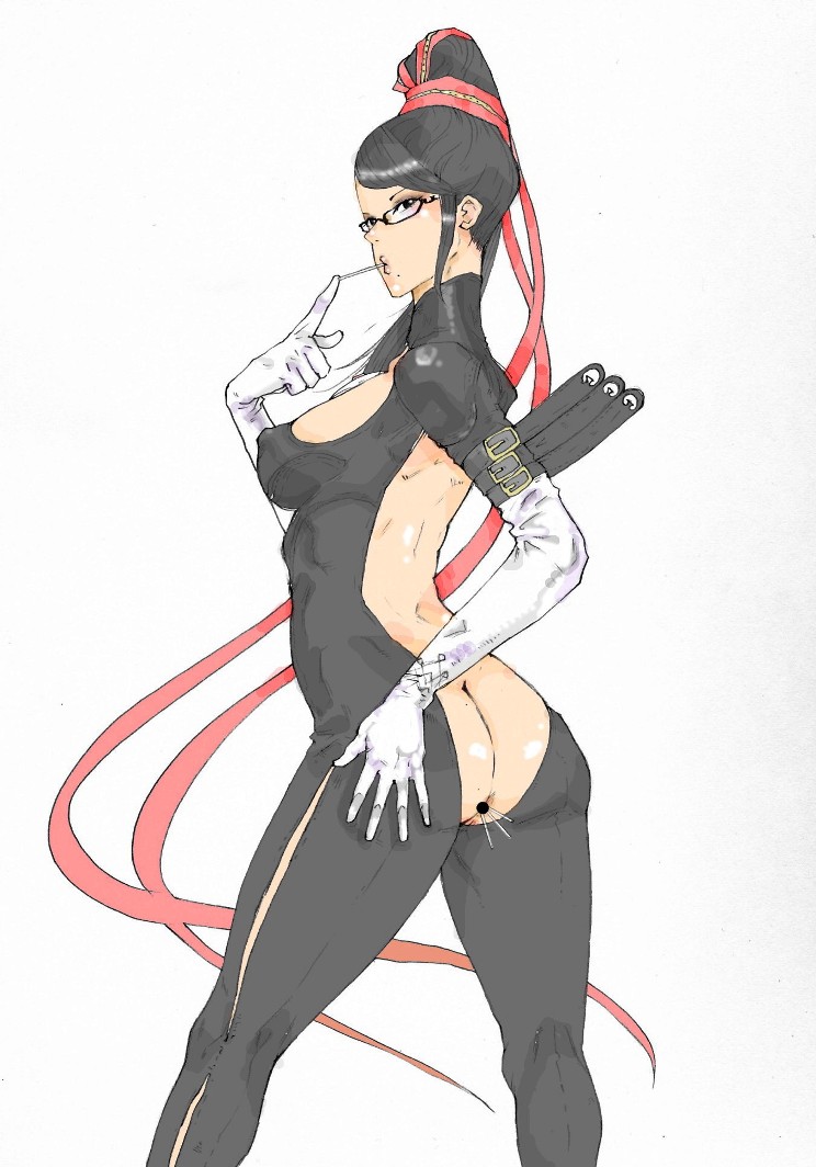 kyuraa (kyura9een), bayonetta, bayonetta (series), bayonetta 1, ass grab, 1girl, anal, anus, ass, backless outfit, bare back, belt, black eyes, black hair, breasts, candy, censored, elbow gloves, female focus, food, glasses, gloves, hair ribbon, hair up, hand on own ass, large breasts, lollipop, looking at viewer, looking back, mole, mole under mouth, nipples, object insertion, open clothes, ribbon, sideboob, simple background, solo, strap