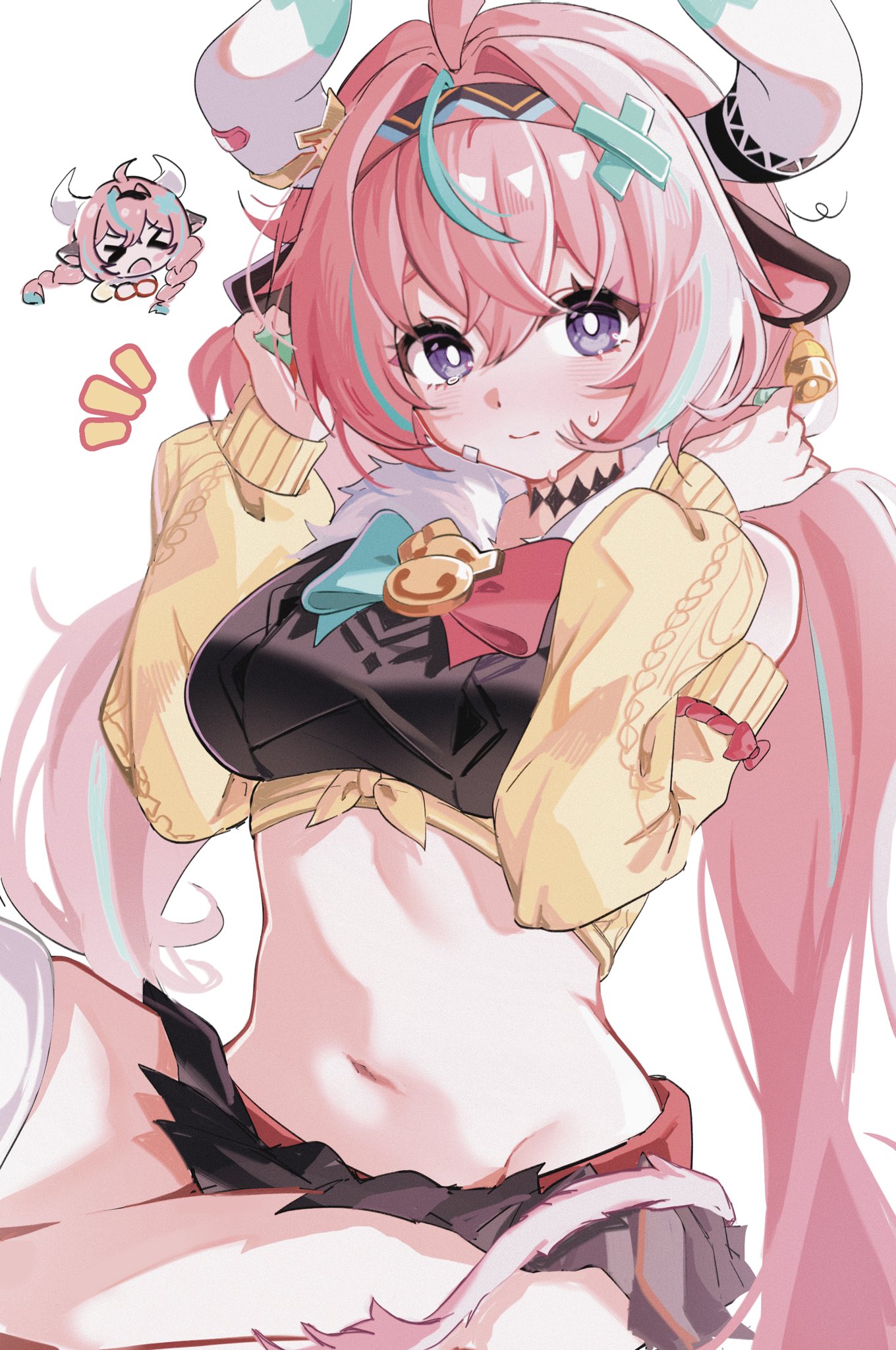 geumxxi, varesa (genshin impact), genshin impact, commentary, highres, symbol-only commentary, > <, 1girl, ahoge, animal ears, blush, breasts, bright pupils, cow ears, cow horns, cow tail, hairband, holding, holding own hair, horns, long hair, midriff, miniskirt, navel, pink hair, purple eyes, skirt, sweat, tail, white pupils