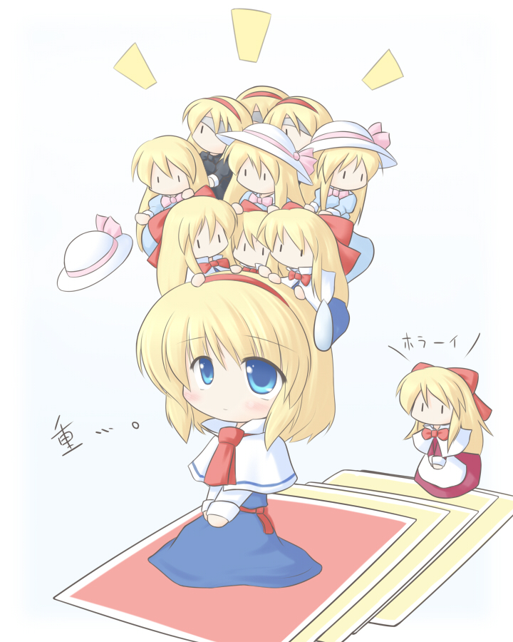 miyo (miyomiyo01), alice margatroid, hourai doll, shanghai doll, touhou, translated, 1girl, blue eyes, chibi, doll, female focus, hair ribbon, hat, ribbon, solo, text focus, | |