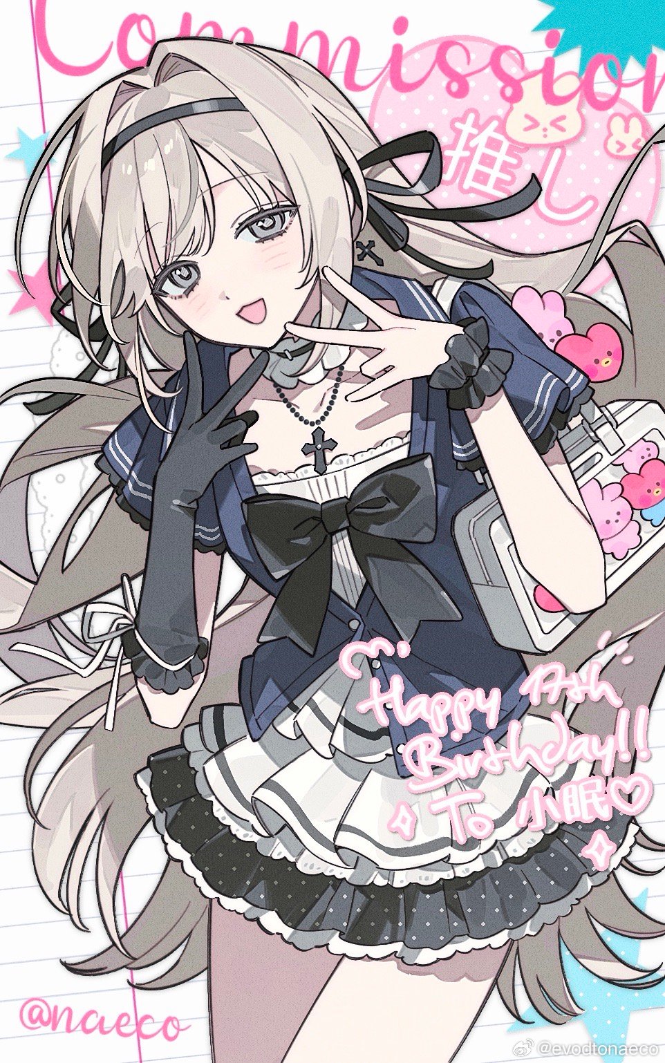 evodtonaeco, character request, commentary request, copyright request, highres, 1girl, bow, choker, gloves, hair ribbon, hairband, looking at viewer, open mouth, pleated skirt, ribbon, sailor collar, short sleeves, skirt, smile, solo