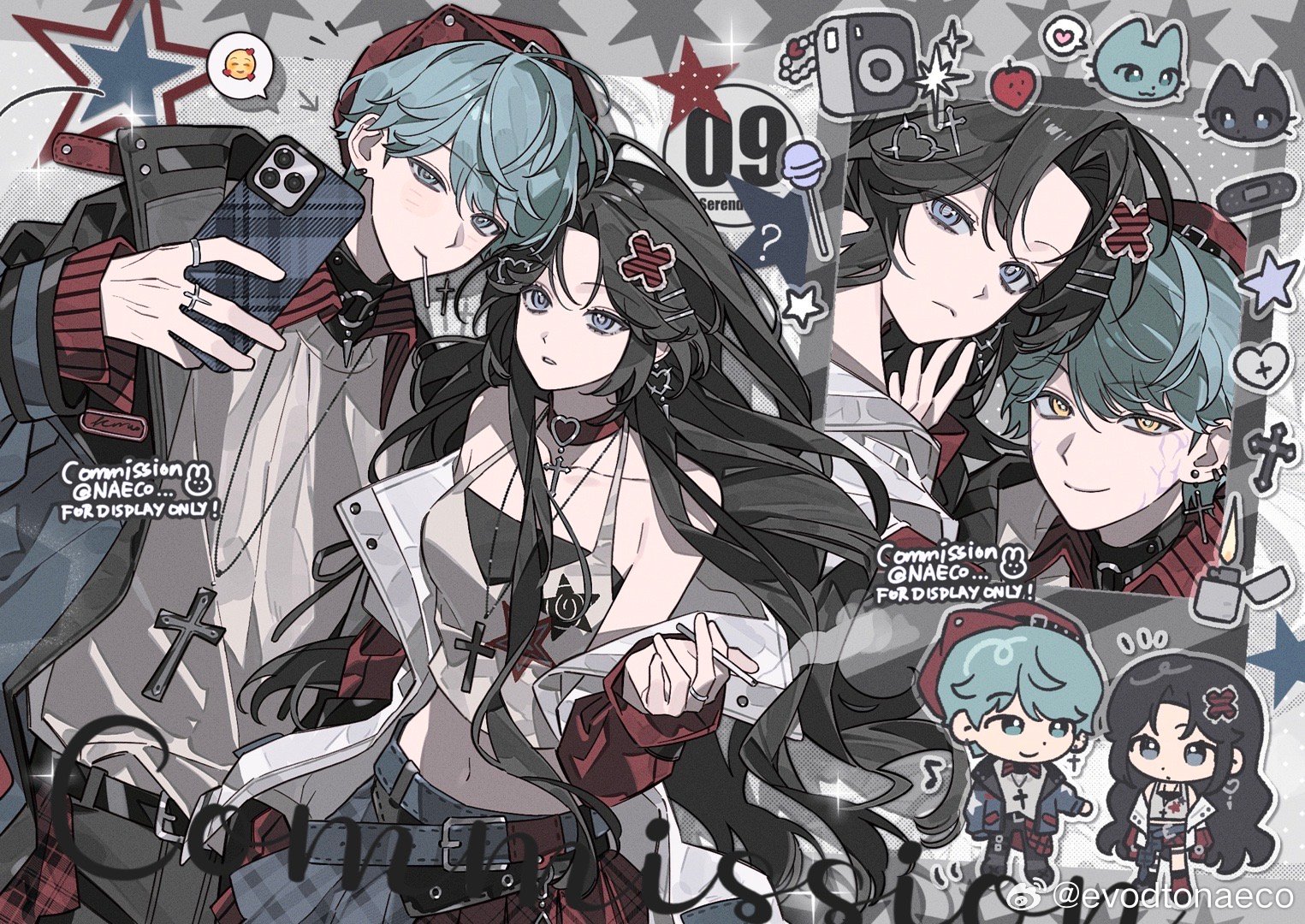 evodtonaeco, character request, commentary request, copyright request, 1boy, black gloves, blue eyes, blue hair, breasts, gloves, green eyes, green hair, hair ornament, jacket, jewelry, looking at viewer, multiple boys, multiple girls, short hair, smile