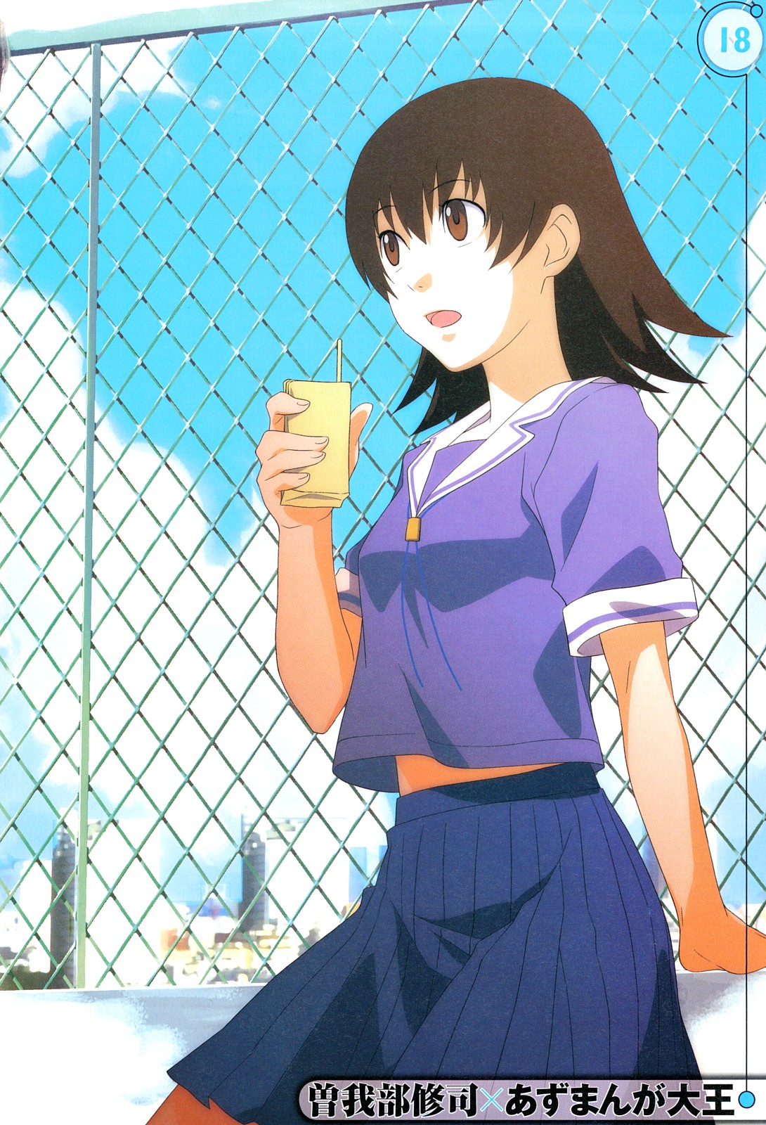 sogabe shuuji, takino tomo, azumanga daiou, highres, 1girl, brown eyes, brown hair, chain-link fence, female focus, fence, open mouth, school uniform, serafuku, skirt, solo