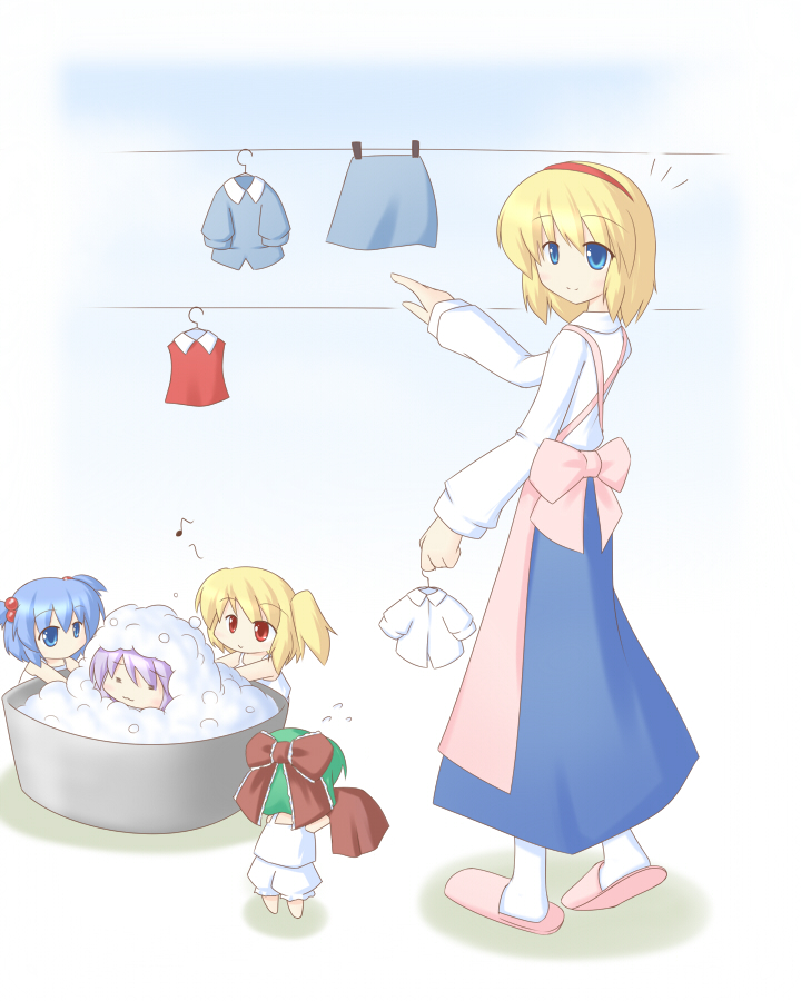miyo (miyomiyo01), alice margatroid, flandre scarlet, kagiyama hina, kawashiro nitori, remilia scarlet, touhou, 5girls, aged down, apron, bath, blue eyes, blue hair, bubble, child, clothesline, female focus, green eyes, green hair, hair bobbles, hair ornament, hair ribbon, multiple girls, musical note, ribbon, twintails, two side up, undressing