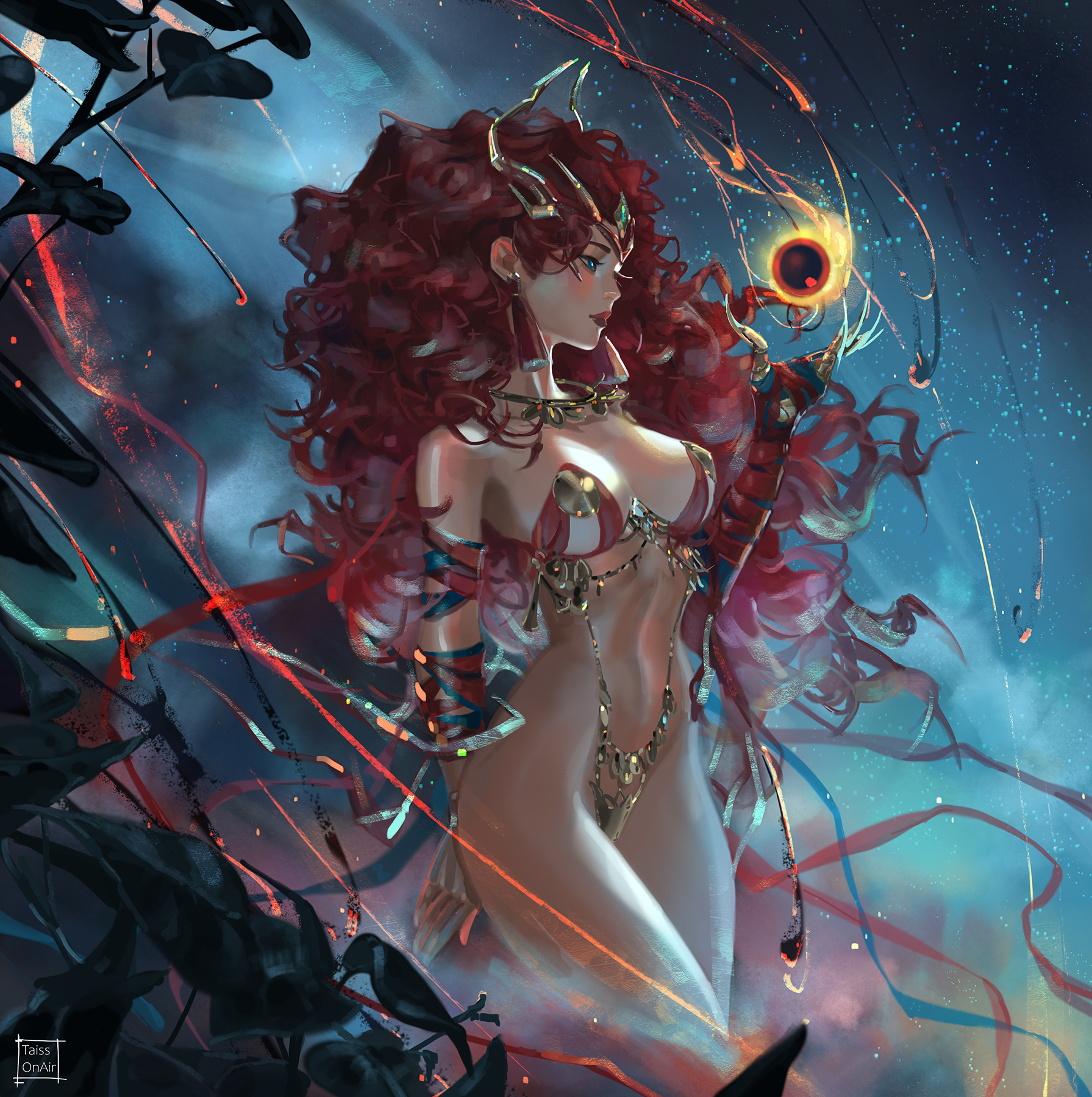 tatti art, scarlet witch, marvel, marvel rivals, commentary, english commentary, highres, paid reward available, variant set, 1girl, artist name, big hair, blue eyes, breasts, closed mouth, earrings, jewelry, large breasts, long hair, magic, red hair, red lips, solo