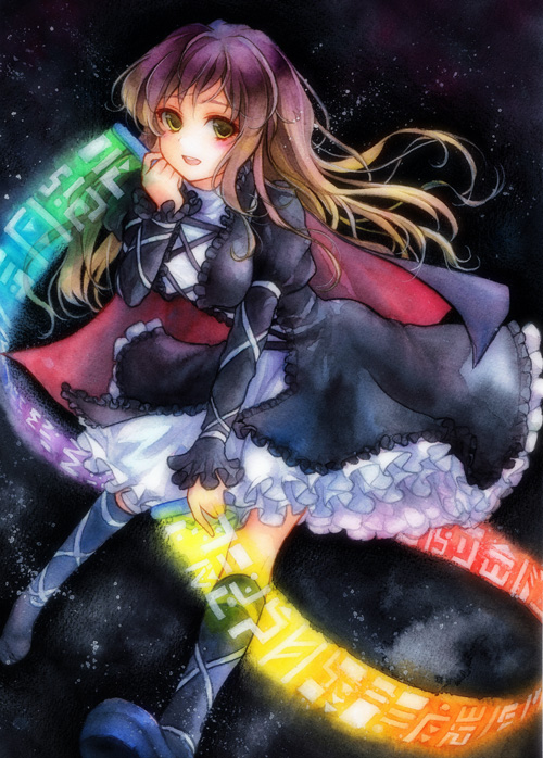 geroro, hijiri byakuren, touhou, bad id, bad pixiv id, 1girl, blonde hair, breasts, dress, female focus, gradient hair, long hair, multicolored hair, purple hair, smile, solo, sorcerer's sutra scroll, two-tone hair, yellow eyes