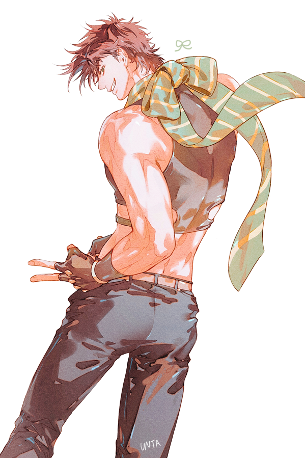 joseph joestar, joseph joestar (young), battle tendency, jojo no kimyou na bouken, commentary request, 1boy, artist name, black gloves, black pants, black shirt, cowboy shot, cropped shirt, fingerless gloves, from behind, gloves, green scarf, grin, looking at viewer, looking back, male focus, pants, scarf, shirt, short hair, simple background, sleeveless, sleeveless shirt, smile, solo, striped clothes, striped scarf, untabunta, v, white background
