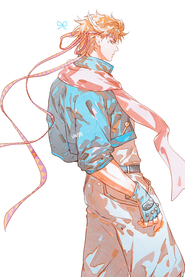 caesar anthonio zeppeli, battle tendency, jojo no kimyou na bouken, commentary request, 1boy, artist name, blonde hair, blue gloves, blue jacket, cowboy shot, cropped jacket, fingerless gloves, from side, gloves, jacket, male focus, pants, pink scarf, profile, scarf, short hair, simple background, solo, untabunta, white background